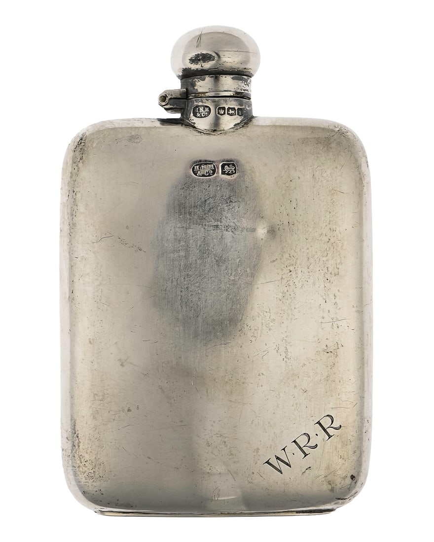 1926 Sheffield Sterling Silver Pocket Flask: 1926 H. N. Hewitt and Co. Sheffield English sterling silver 5 oz. pocket liquor flask, "W.R.R." monogram on corner, small dent to cap, otherwise very good overall condition 5" x 3.5" 4.6 troy oz.