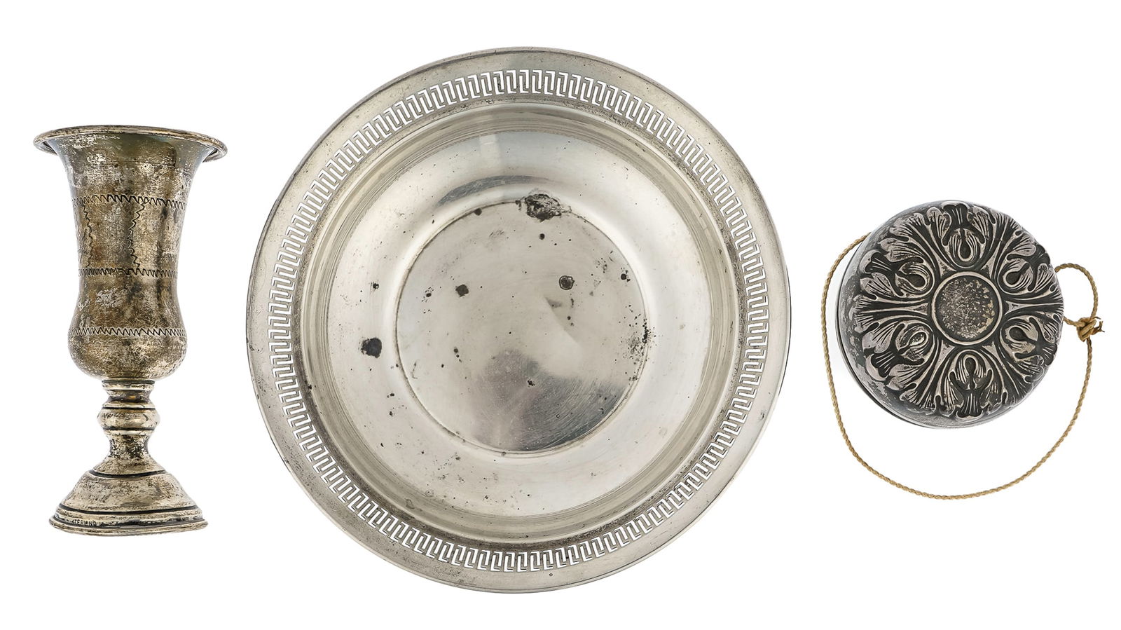 Gorham Sterling YoYo, Bowl, Kiddush Cup: Lot of three sterling silver articles including Reed and Barton round reticulated bowl, sterling Kiddush Judaica ceremonial footed goblet with engraved Star of David motif, Gorham Acanthus motif repou