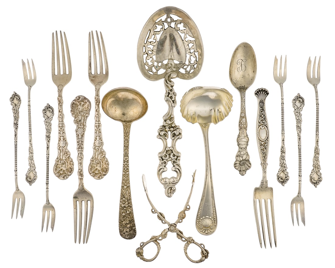 15 pcs. Ornate Victorian Sterling Silver Flatware: 15 pcs. Ornate Late Victorian/Edwardian era sterling silver flatware including 3 Gorham "Versailles" dinner forks, 6 Gorham rococo motif hors d'oeuvre forks, Kirk "Repousse" sauce ladle, Whiting shell