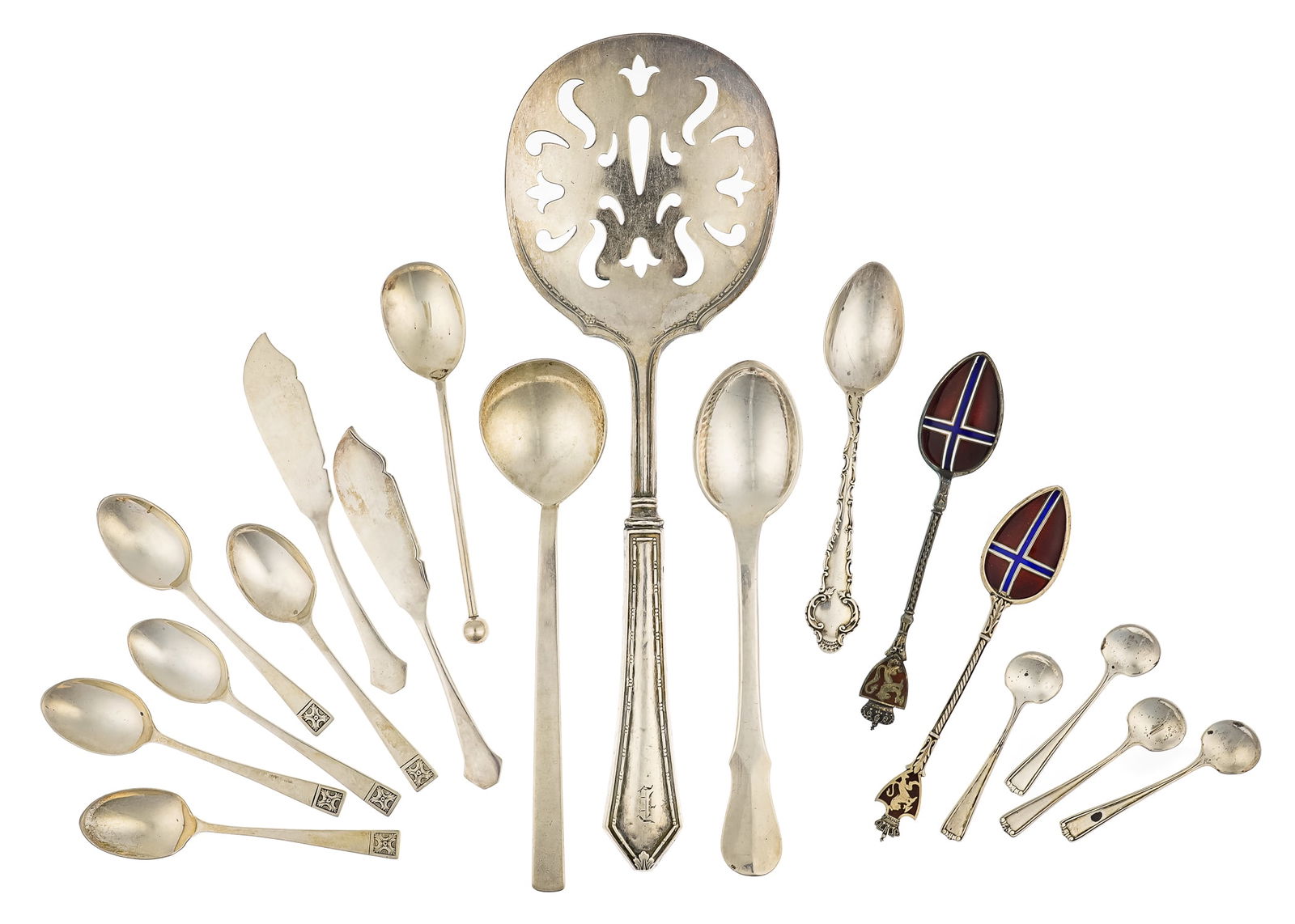 18 pcs. Assorted Sterling Silver Flatware: 18 pcs. assorted sterling silver flatware including 930 Norwegian enameled demitasse spoons, 5 London demitasse spoons, Wooley sterling spoon, Evald Nielsen Denmark handwrought sterling spoon, 4 salt