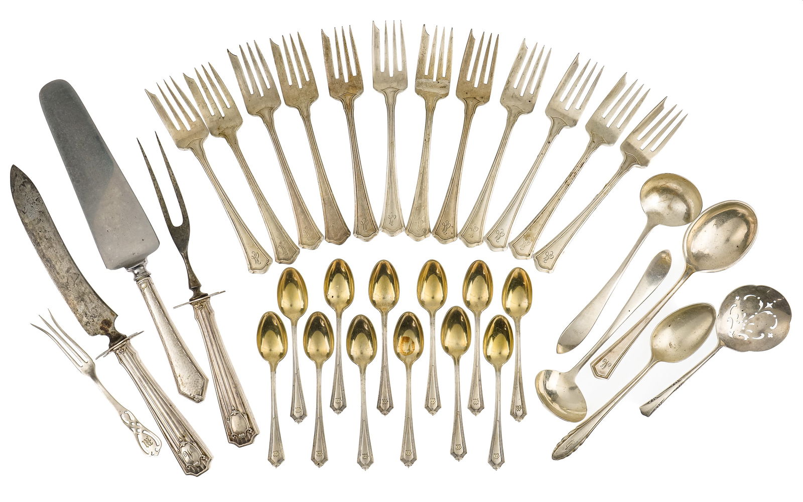 33 pcs. Assorted Sterling Silver Flatware: 33 pcs. assorted sterling silver flatware including 12 Wallace dessert forks, 12 Gorham Plymouth demitasse spoons, carving set, pastry server, and other serving flatware 4"-9.5" 20.5 troy oz.