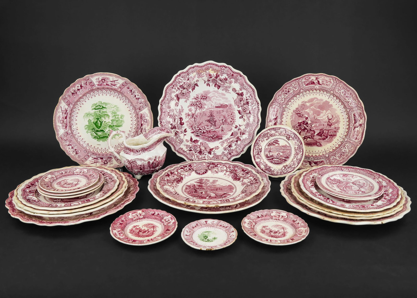 Collection of Red and Bi-Color Staffordshire: Collection of 23 pcs. mid/late 19th c. red and bi-color Staffordshire transferware porcelain tableware including historical scenery, Hancock House Boston, Mass, romantic landscape views, youth plates,