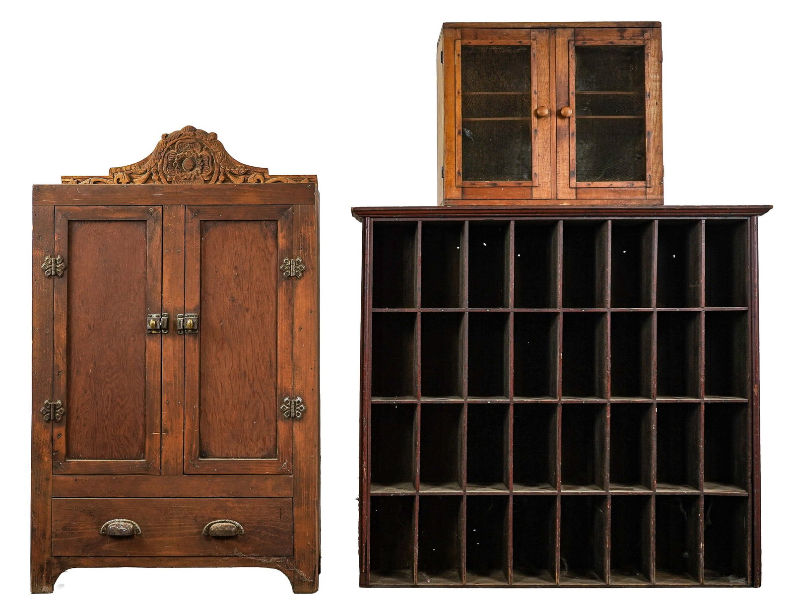 3 Small Country Cupboards: A group of 3 small country cupboards including a 2 door hanging pie safe 20" x 17" x 10"d. A 32 pigeon hole cupboard 38" x 35" x 8". A floor cupboard with two doors over drawer on an arched base. 25" 