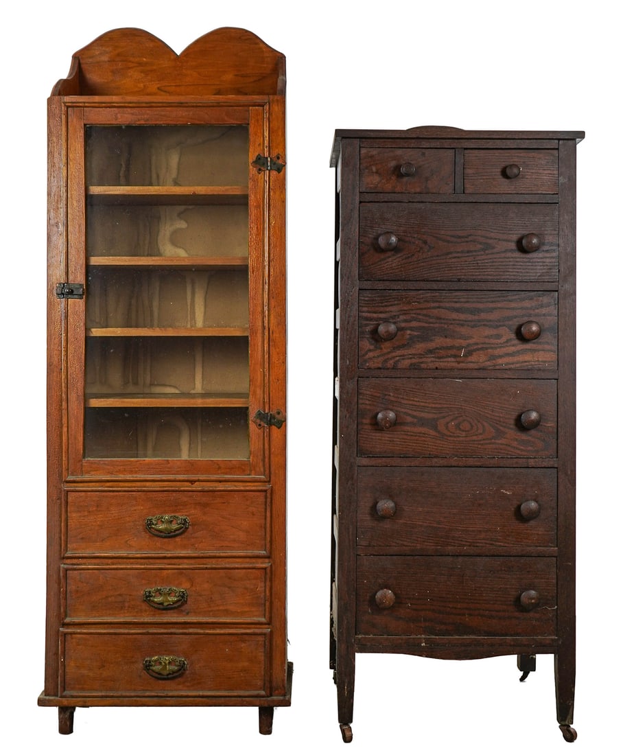 Victorian Narrow Tall Chest & Cupboard: Victorian oak narrow tall chest with 2 over 5 drawers. Original surface, 57" h, 22" w, 18" deep. With a narrow pine bookcase with glazed single door over 3 drawers. 21" wide, 65" h, 11" deep.