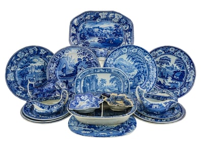 Collection of 21 pcs. 19th c. Blue Staffordshire