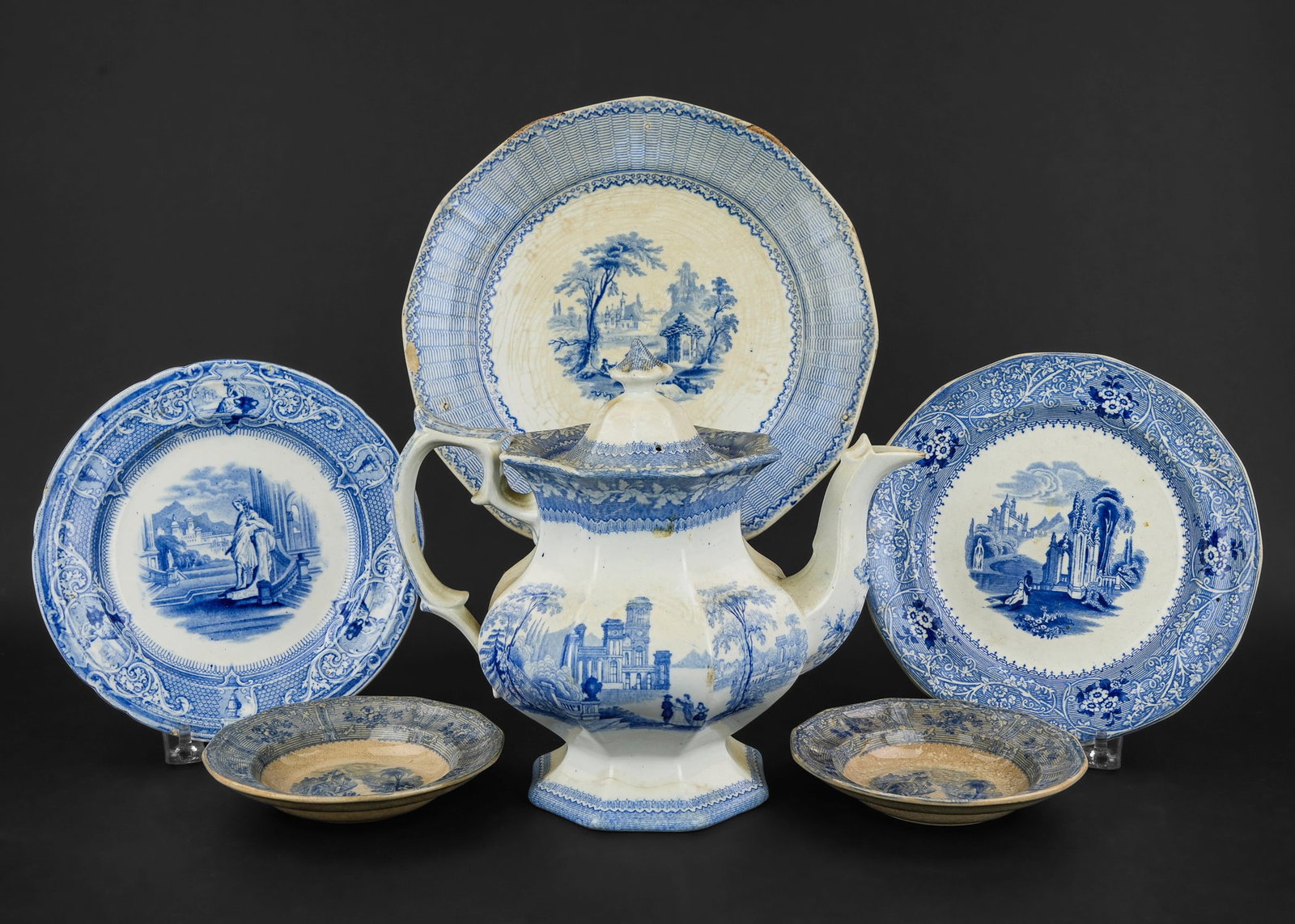Collection Light Blue Staffordshire Tableware: Collection of 29 pcs. mid 19th c. light blue Staffordshire transferware porcelain tableware including covered serving dish, teapot, sugar bowl (missing lid) and creamer, soup bowls, handless cups, sid