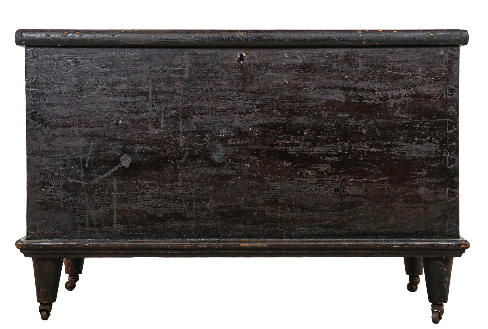 Early 19th c PA Six Board Blanket Box: Early 19th c PA six board blanket box with till in old finish, signed on base S H Harris, Duncannon, PA, on turned legs, wood around hinges cracked, 38" x 20" x 25"
