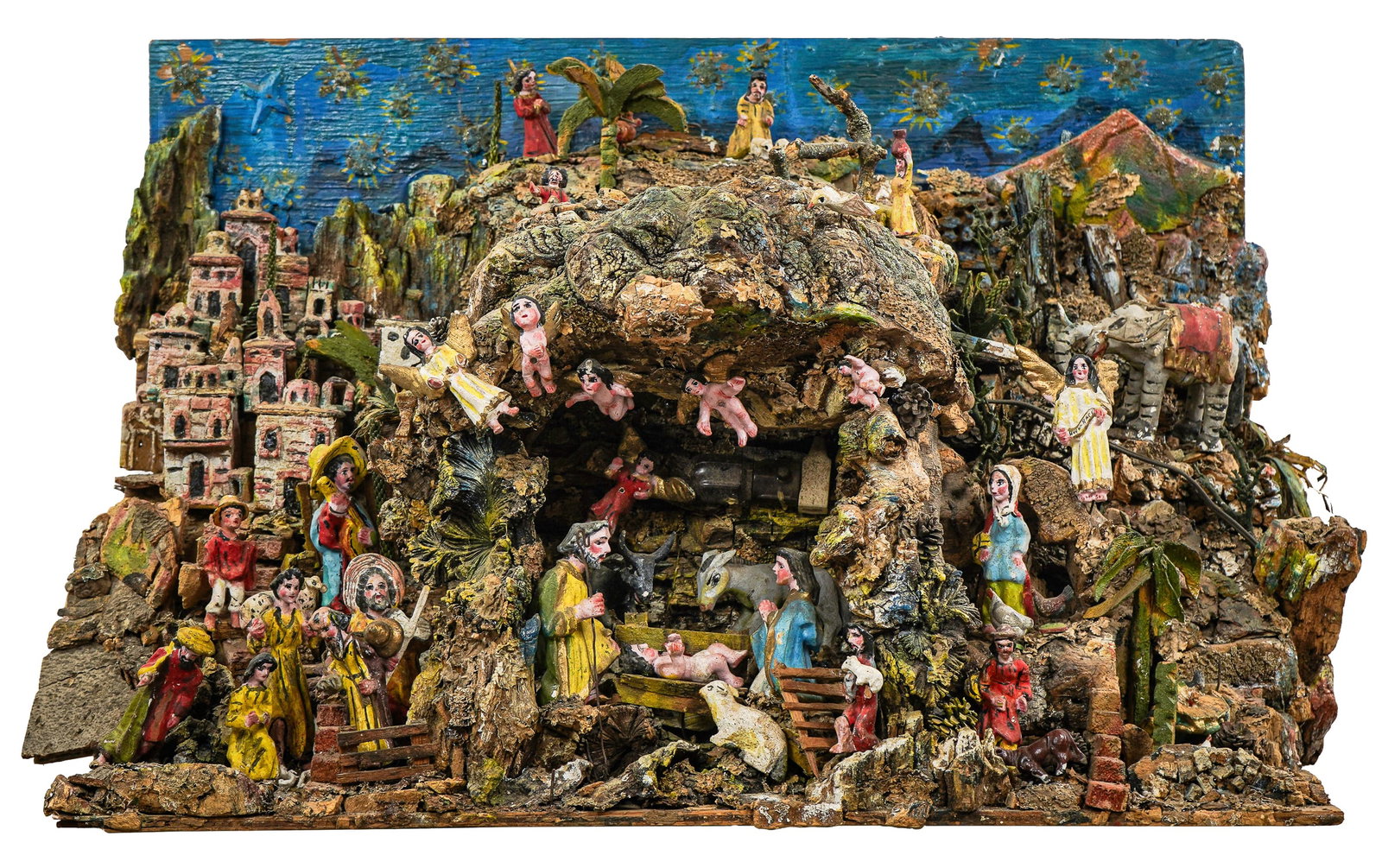 Domingo Galvan Malagon Creche: Domingo Galvan Malagon (Mexico 1909-2011) monumental lighted pottery creche, signed on reverse "Domingo Galvan M, Apaseo el Alto, GTO" (Guanajuato), significant damage, 34" x 18" x 32" (local pick-up/