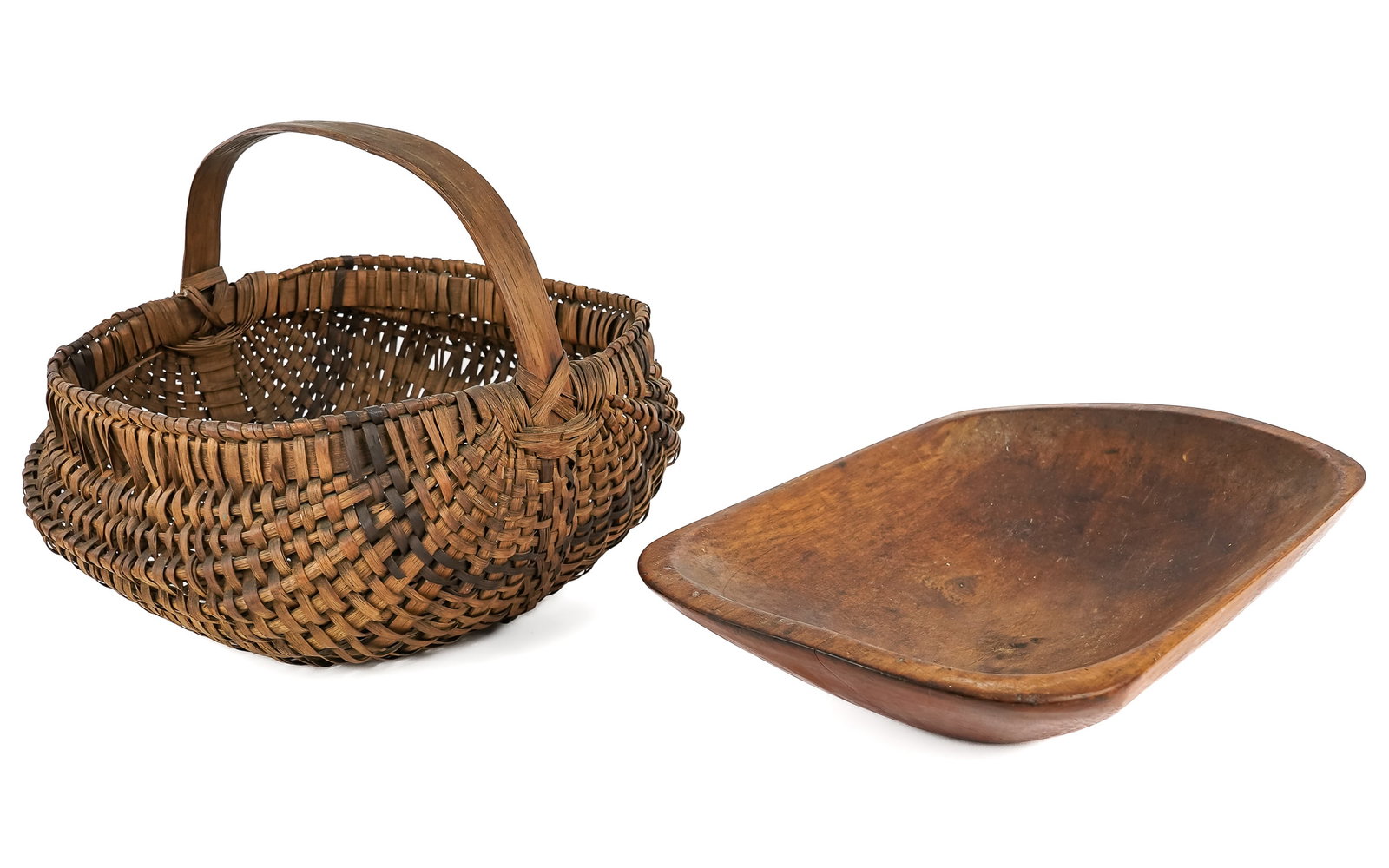 Primitive Trencher Bowl, Buttocks Basket: Small Primitive wooden trencher bowl, early buttocks basket, trencher length 16", basket 14"