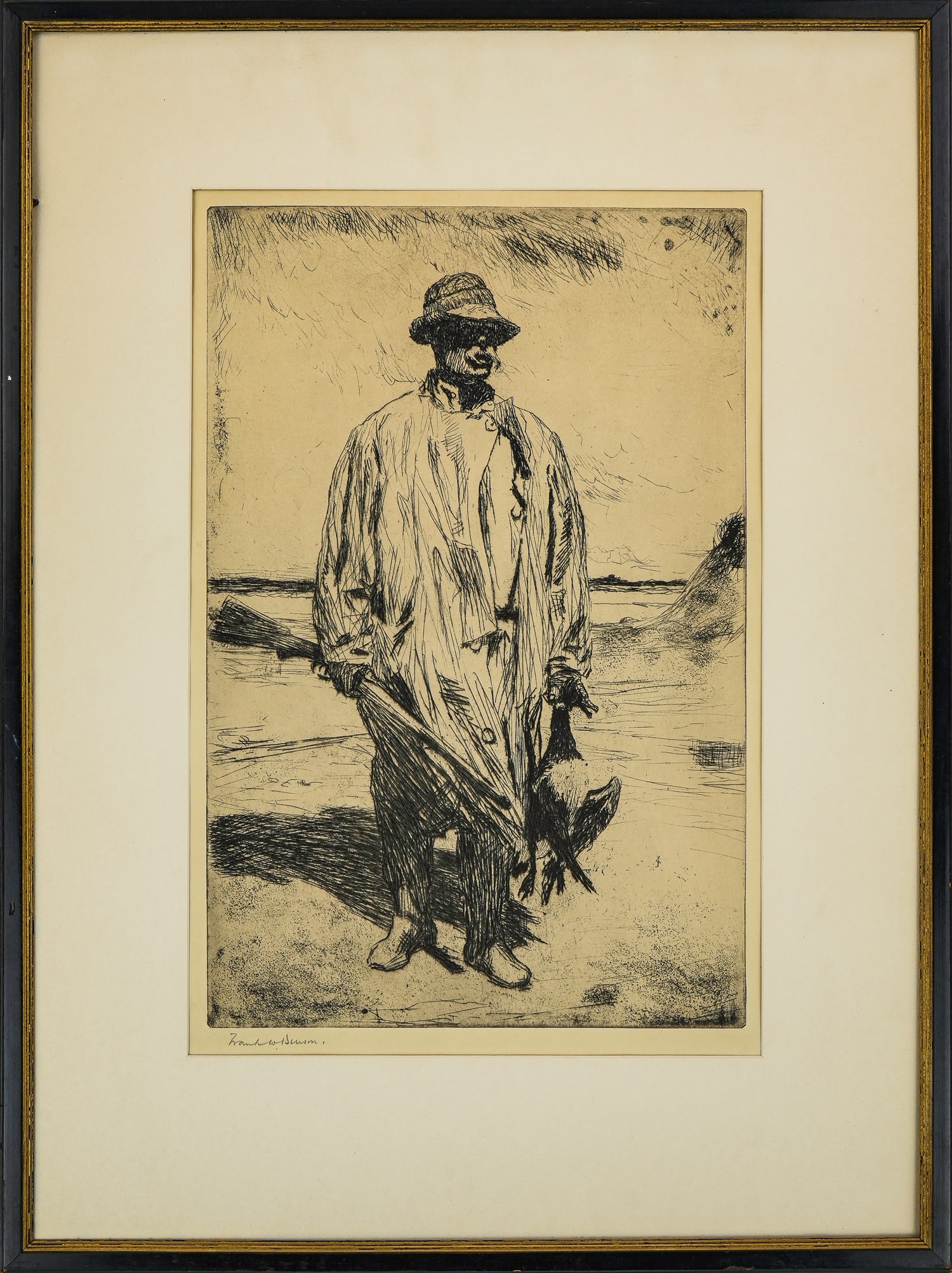 Frank W Benson (AM 1862-1951) Old Tom: Frank W. Benson (American 1862-1951) Old Tom drypoint on paper pencil signed lower margin. plate 14.75 x 10" 23 x 17" as framed (No glass)