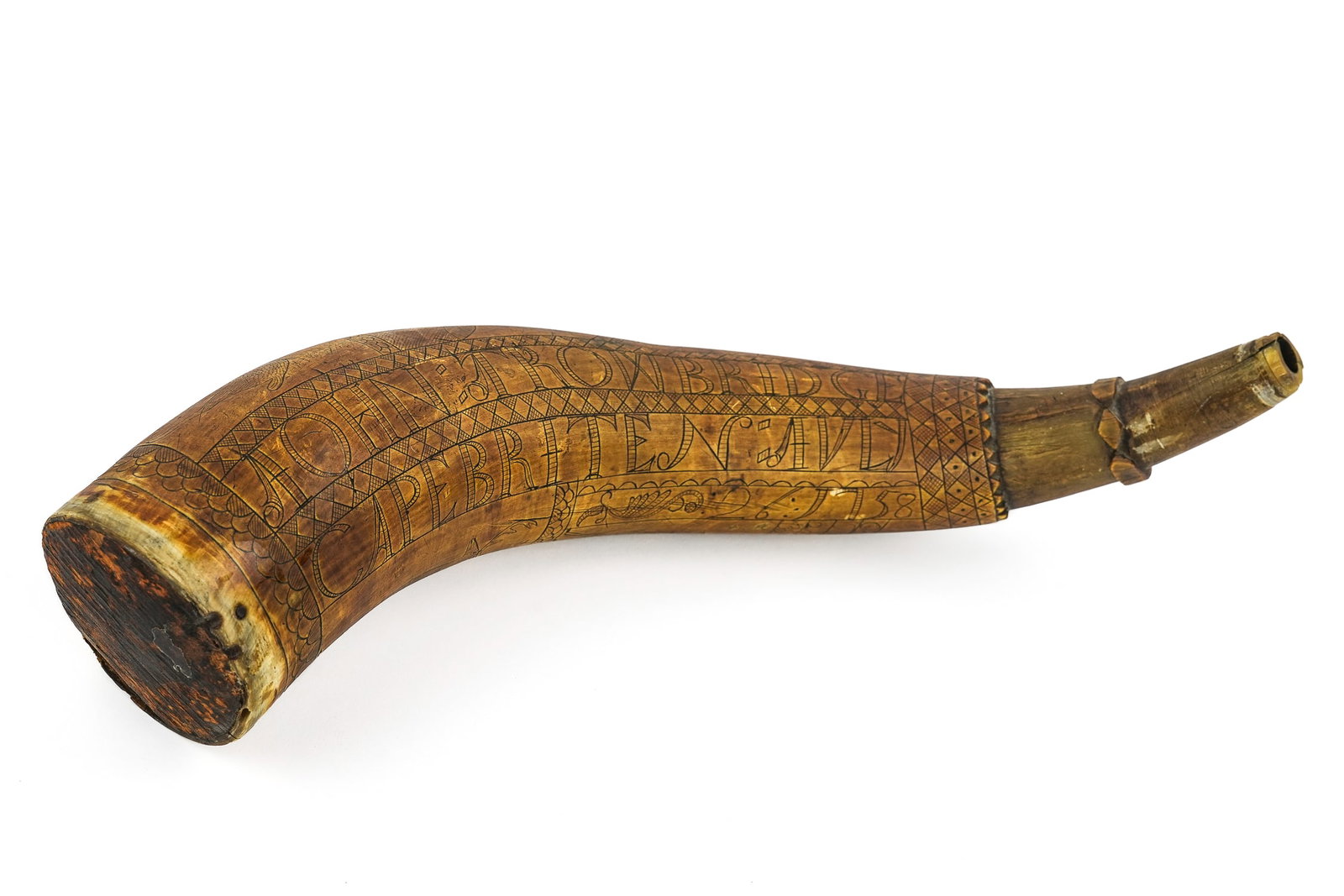 1758 Signed American French & Indian War Powder Horn: Important American William Holden signed French & Indian War American powder horn made for “John Trowbridge Cape Breton July 26, 1758”, and signed “Cape Breton July 26, 1758 made by William 