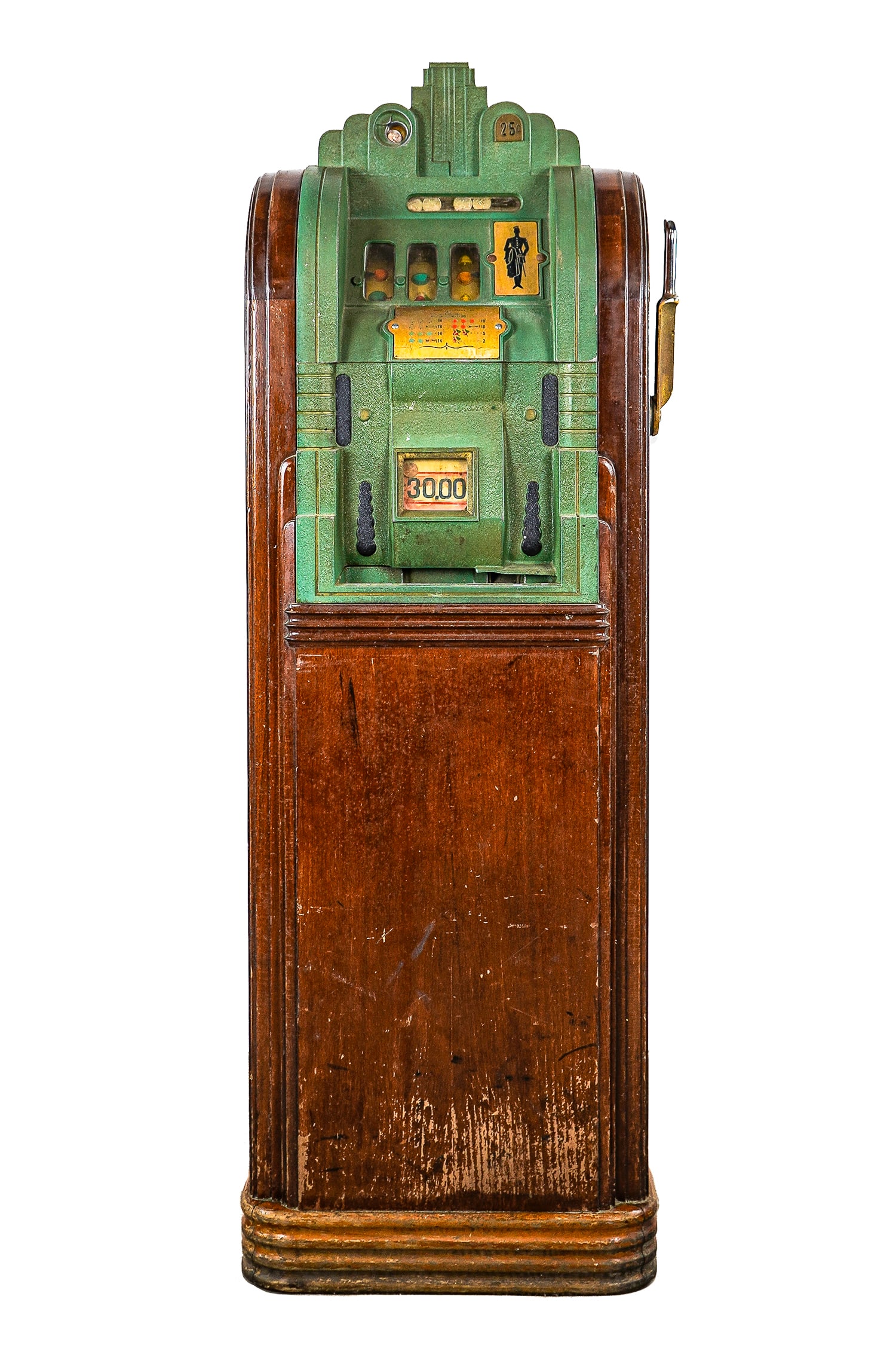 Mills Novelty Co Bell-Fruit-Gum Slot Machine: Ca 1930's Mills Novelty Co., Chicago Bell-Fruit-Gum floor model slot machine, cast aluminum and wood Art Deco cased one arm bandit, valet in tuxedo logo, No. 528468, 59 1/2" x 19 1/2" x 13"