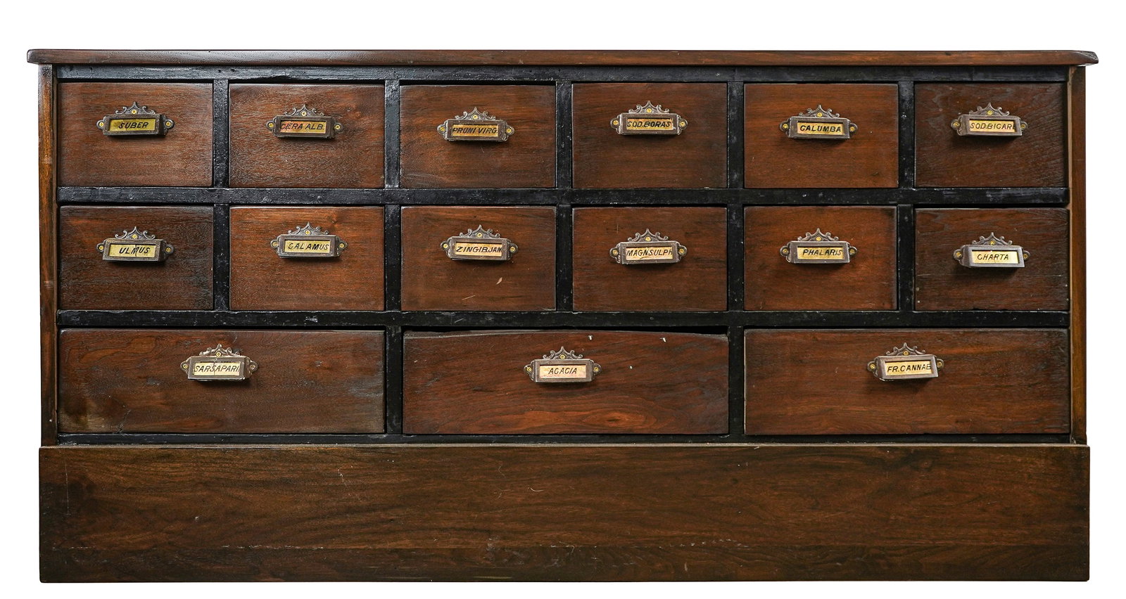 19th c Walnut 15 Drawer Apothecary Cabinet: 19thc walnut 15 drawer apothecary cabinet. Has original gilt reverse decorated iron pulls identifying compounds. Cabinet is refinished. 21" d x 29" h x 59" wide. Some cracks to glass on pulls, over al