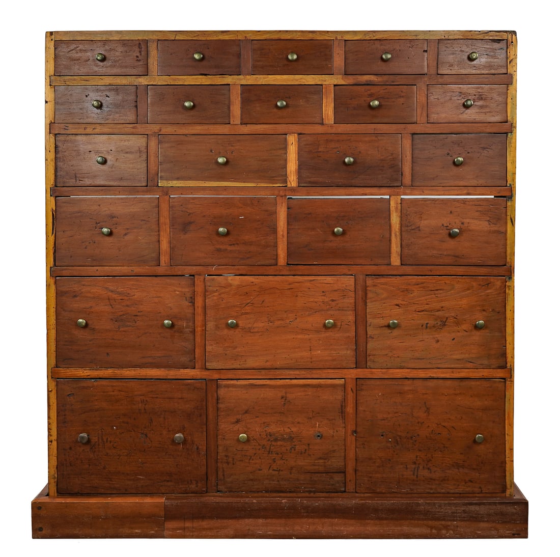 19th c Cherry 24 Drawer Apothecary Chest: Early 19th c American cherry, poplar, & pine 24 drawer apothecary chest. Dovetail & tendon construction. Small brass pulls -missing 2. No back boards but drawers have stops. Later base. 8" d, 41" w, 4