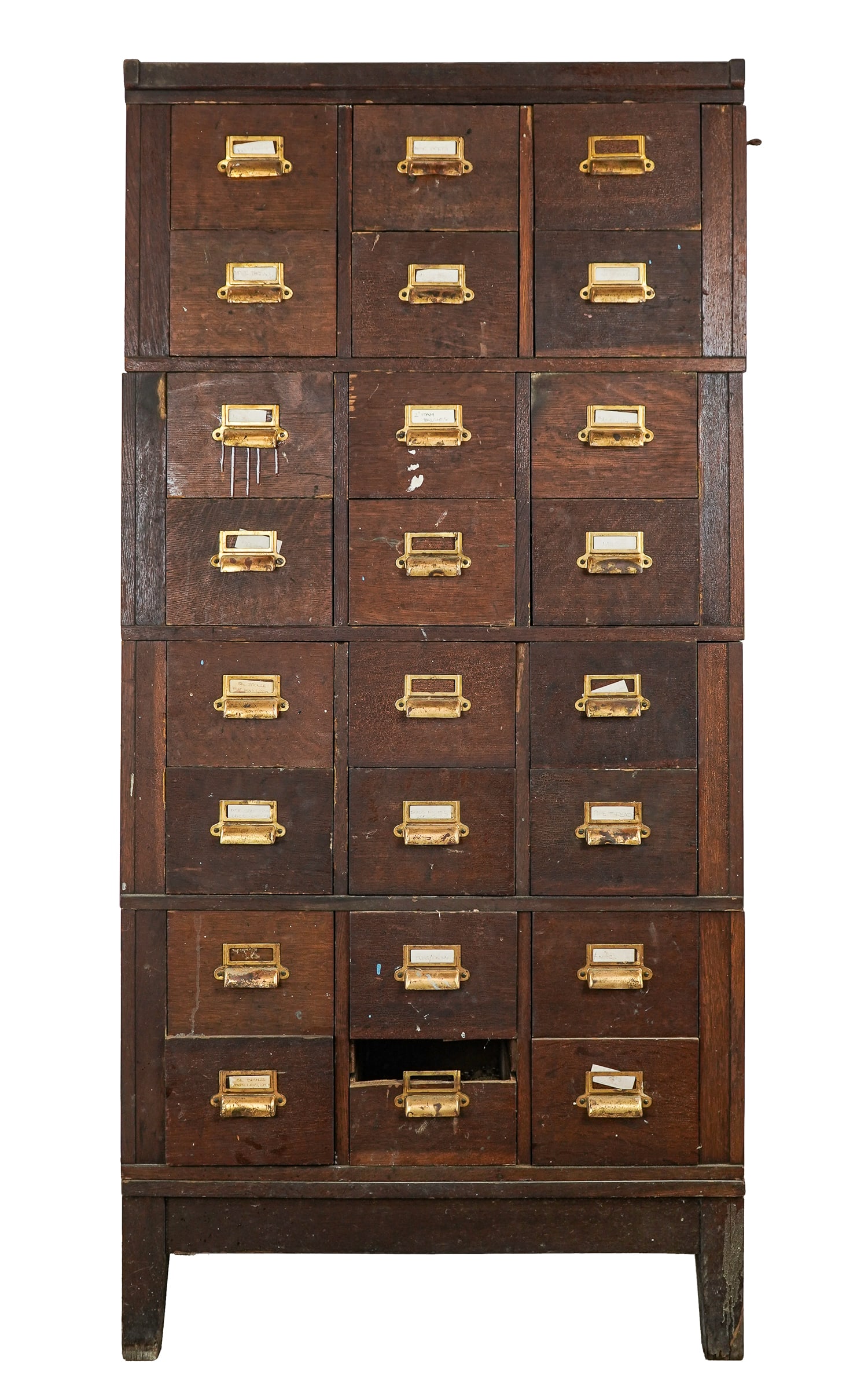 Oak 4 Section 24 Drawer Stacking File Cabinet: Oak 4 section stacking file cabinet. Each section having 6 card drawers. Cabinet has tall base and top molding. Original surface. Edge damage, some old repairs. Needs cleaning. 33" w x 17"d x 69" h.