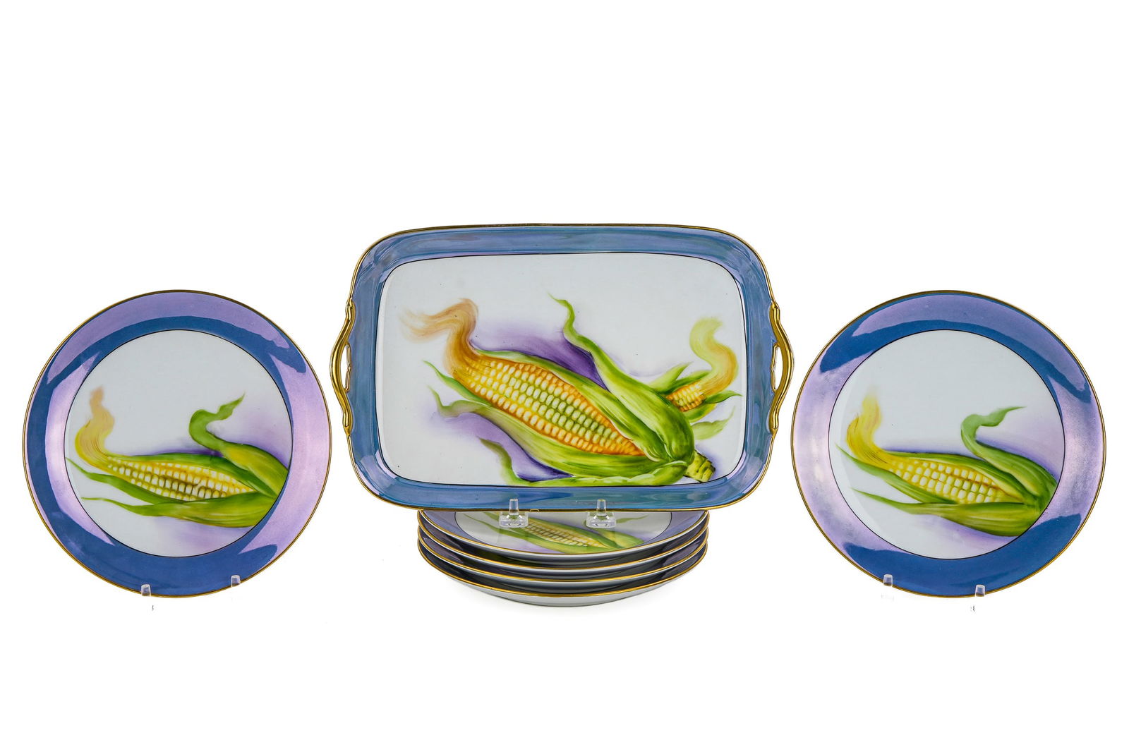 Noritake Porcelain Corn Plates and Serving Tray: ca. 1920 Noritake Japanese porcelain double handled platter with hand painted corn decoration, accompanied by 6 individual plates, 7.5" x 12", dia. 7.5"