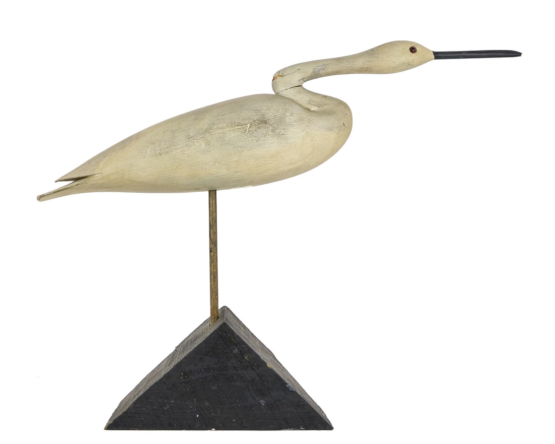 Harry Conklin Egret Confidence Decoy: Signed by Harry Conklin Manahawkin, NJ. Egret confidence decoy. Dry separation around peg connection on neck with small loss. 24" long, 17" h.