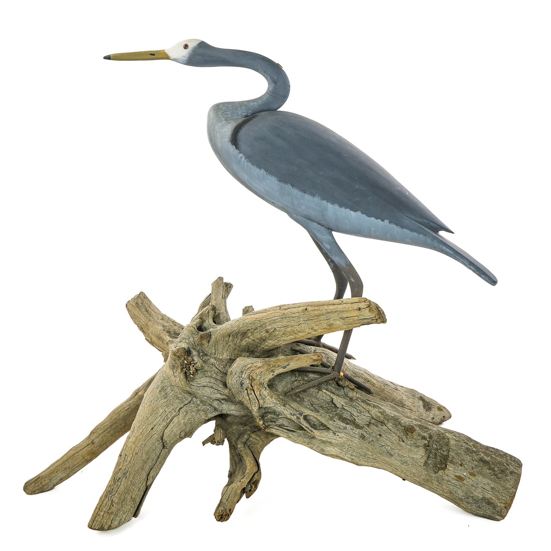 Harry Conklin Blue Heron Confidence Decoy: Signed by Harry Conklin Manahawkin, NJ. Blue Heron confidence decoy. Neck and leg repaired. Standing on Driftwood. 30" long, 30" h. This piece requires local pick-up/ private carrier.