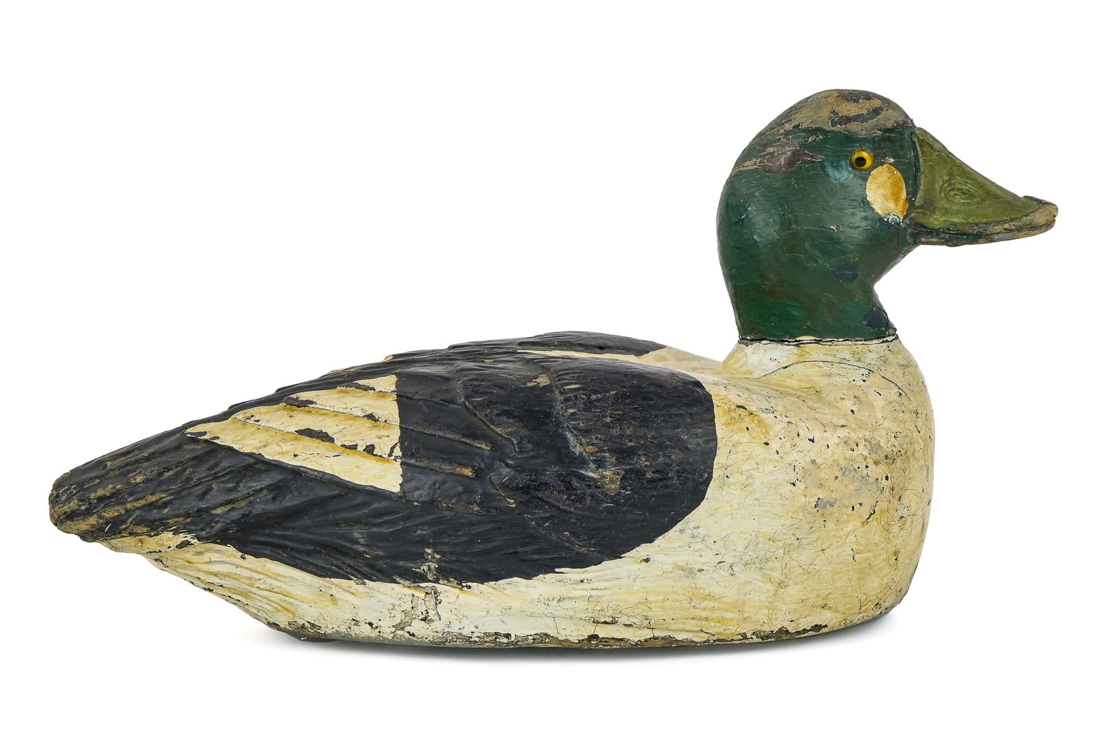 Joseph Paquette Verdun QB Whistler Drake Decoy: Joseph Paquette Ontario Canada Goldeneye drake decoy. Fine cheek carved face and bill, articulated carved feathers, original working paint and surface. Old note on bottom identifying decoy. 14" long.