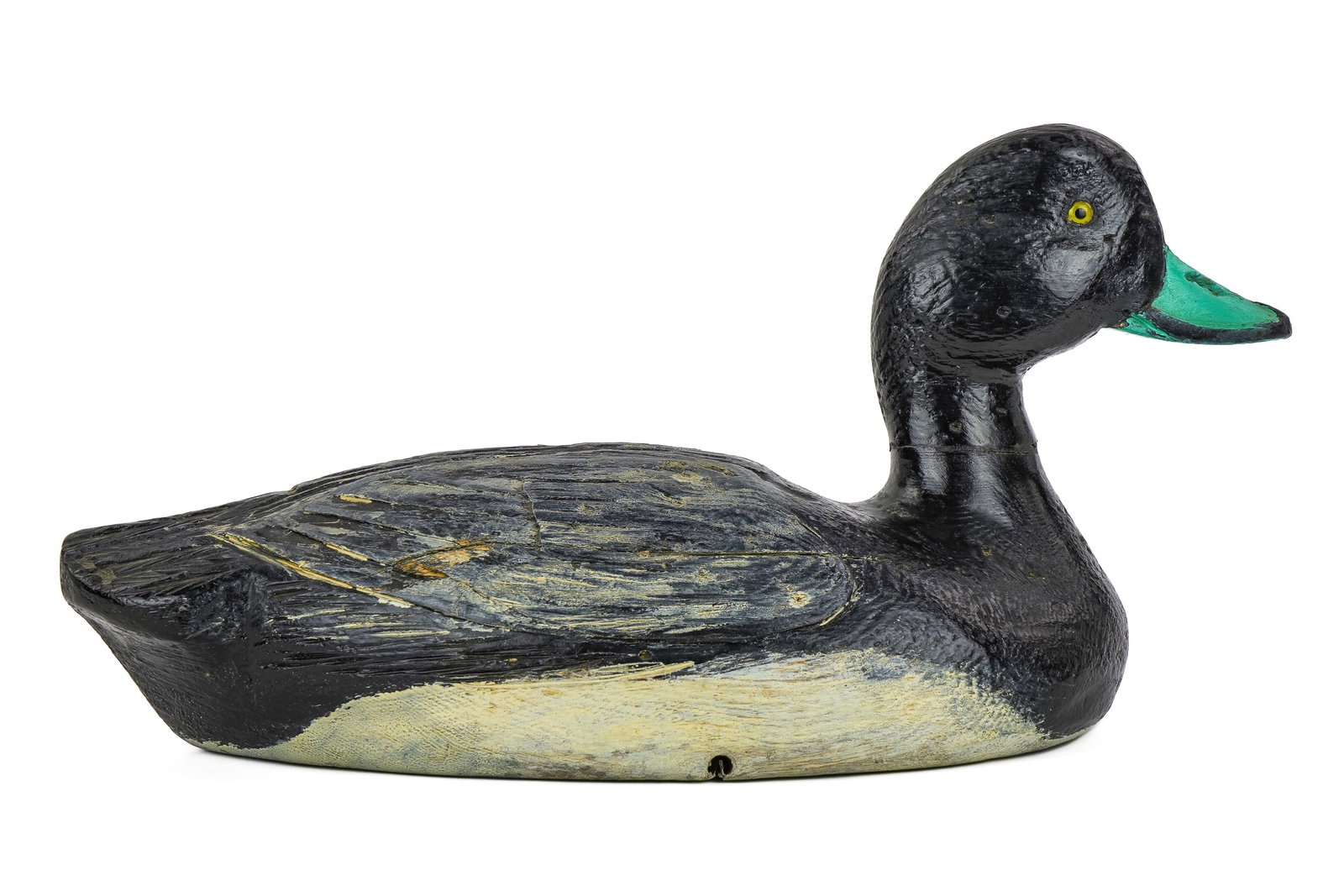 George Paquette Verdun QB Magnum Bluebill Decoy: George Paquette Verdun, Quebec rare magnum size bluebill drake decoy. Glass eye, carved feathers, working paint and working wear with shot. Branded on bottom. 16" long.