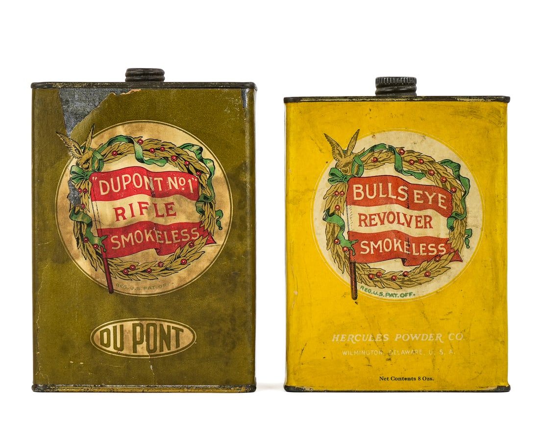 Dupont No 1 Rifle, Hercules Bullseye Revolver Powder Cans: Dupont No 1 Rifle Smokeless, Hercules Bullseye Revolver Smokeless Powder Cans, paper wrap-a-round labeled tins, good condition, hts 5 5/8"