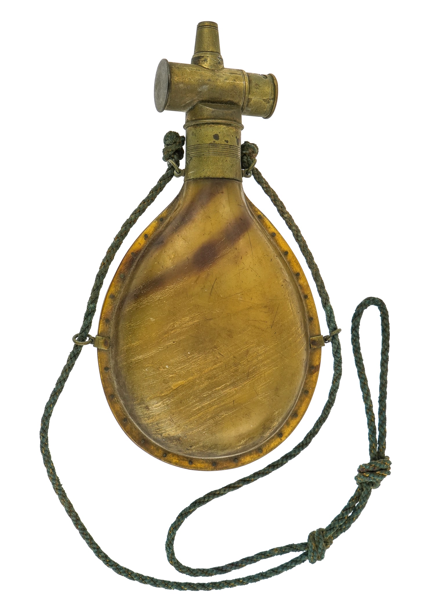 Unusual Powder Horn with Spring Dispenser: Unusual lanthorn powder flask with Dixon's Cross spring loaded adjustable dispenser, length 10"