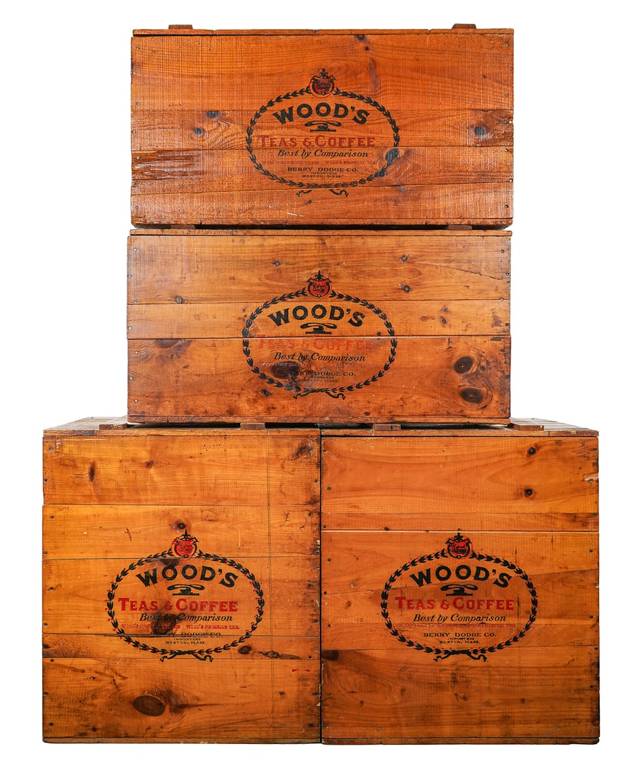 4 Wood's Tea & Coffee Boxes: A good group of 4 Wood's tea & Coffee lift top crate boxes. Original Decal, some original paper labels, & shipping stamps of Boston Mass and Newport Vermont. Pair of 22" x 21" x 26" h. Second pair of