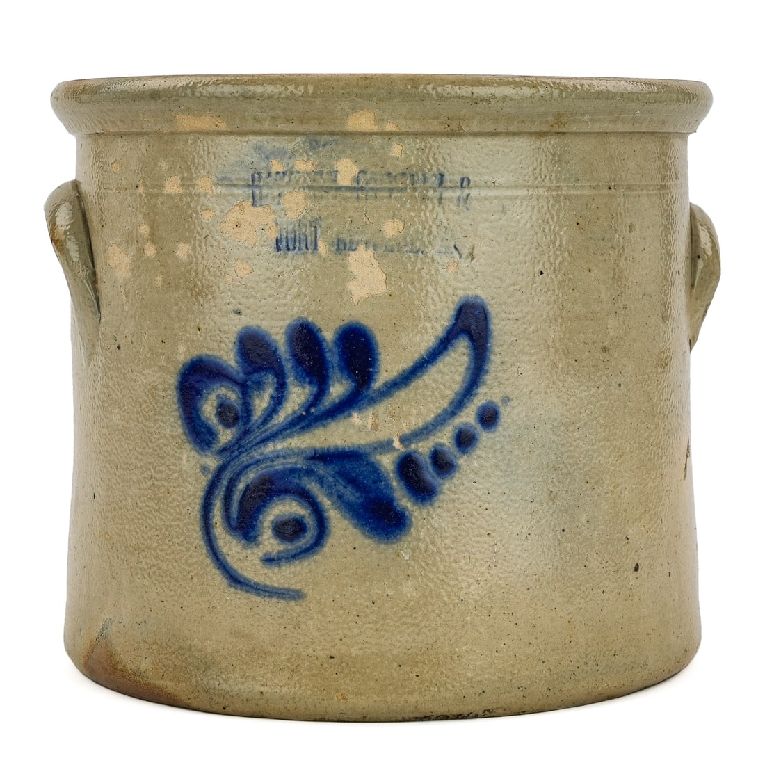 Fort Edward NY Blue Decorated 1 Gal. Crock: Mid 19th c. Fort Edward, NY 1 gallon salt glazed stoneware jug having cobalt blue floral decoration 7.25" x 9" - some flaking to glaze