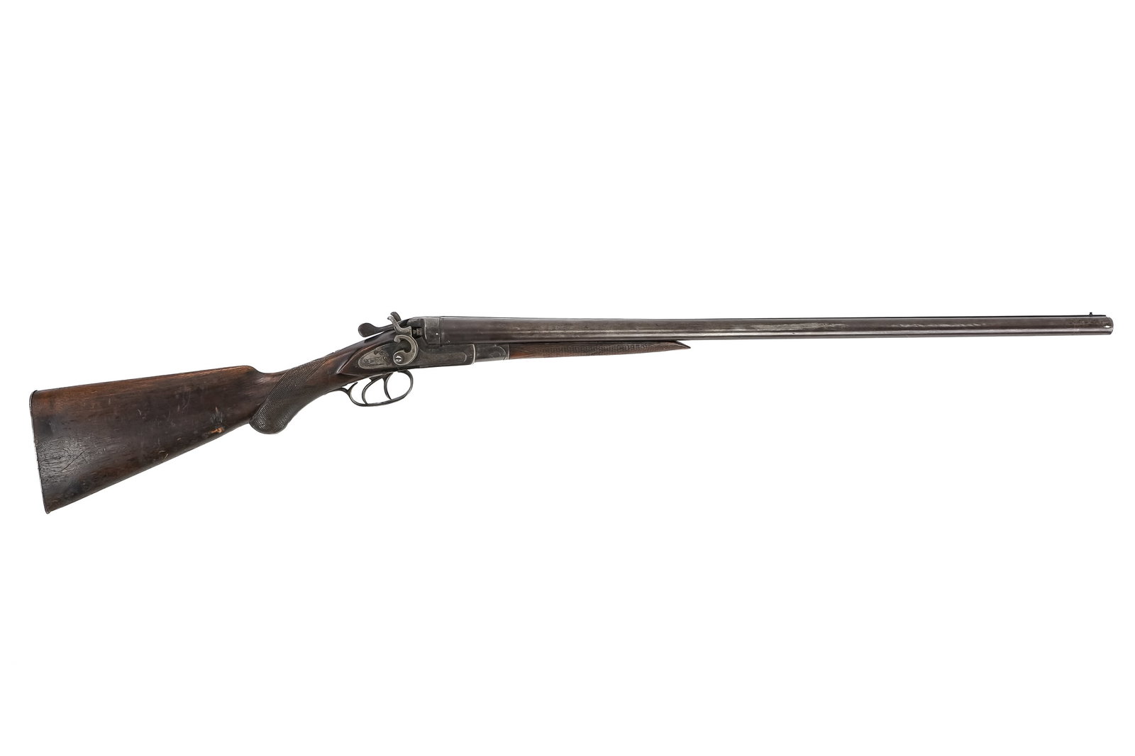19th c Sam Holt Arms Co. Side by Side Shotgun: 19th c Sam Holt Arms co. Side by side shotgun with laminated steel barrel made in Belgium in 12ga 28" barrel 44.5" overall
