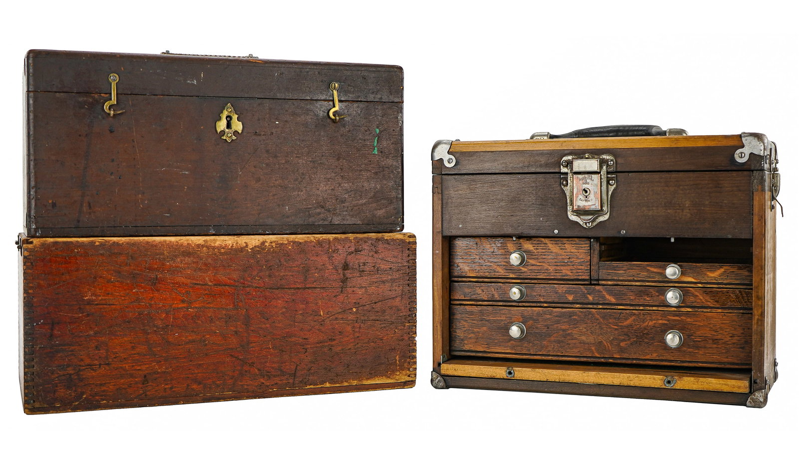 Machinists Chest and Two Wooden Cases: Small early 20th c. refinished oak and hardwood machinist's chest (missing one drawer) accompanied by two other workshop cases, one with cast brass swing bail handle and lift out divided till, the oth