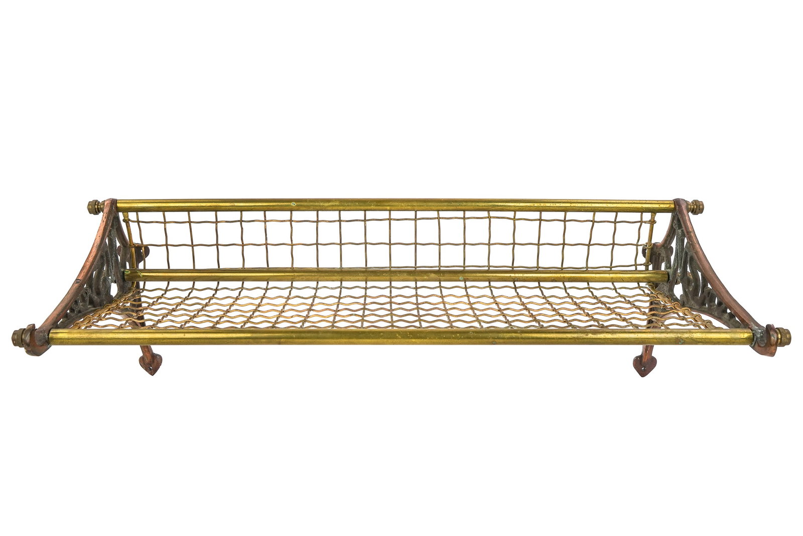 Vintage NSWR Brass Railway Luggage Rack: Vintage New South Wales Railway Co. brass railway passenger car luggage rack, having cast bronze ends reading "NSWR", ideal for repurpose as a towel or hat rack. 30" x 15"