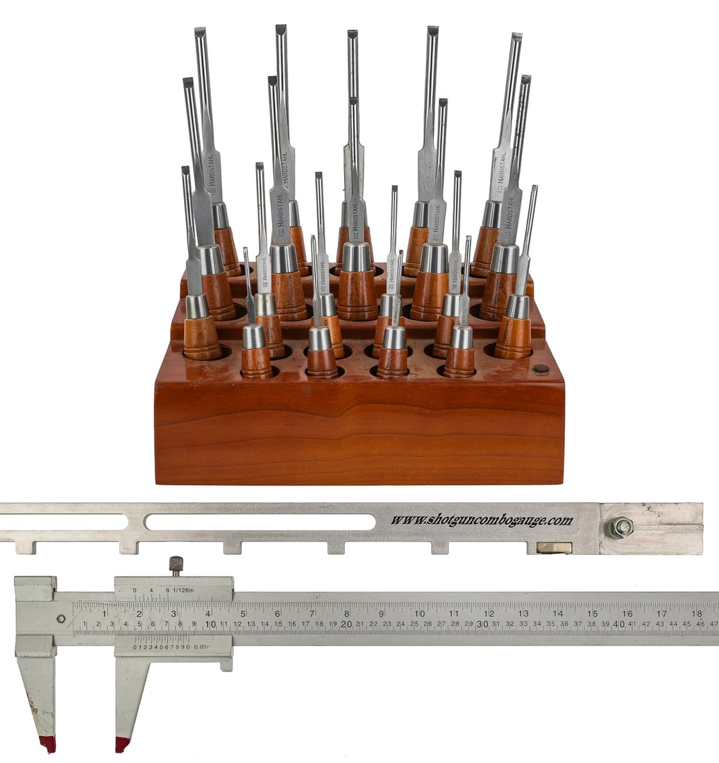Hardstahl Gunsmith Tools: A group of 20 Hardstahl gunsmith screwdriver tools and Robert Louis Company Shotgun Combo Gauge.
