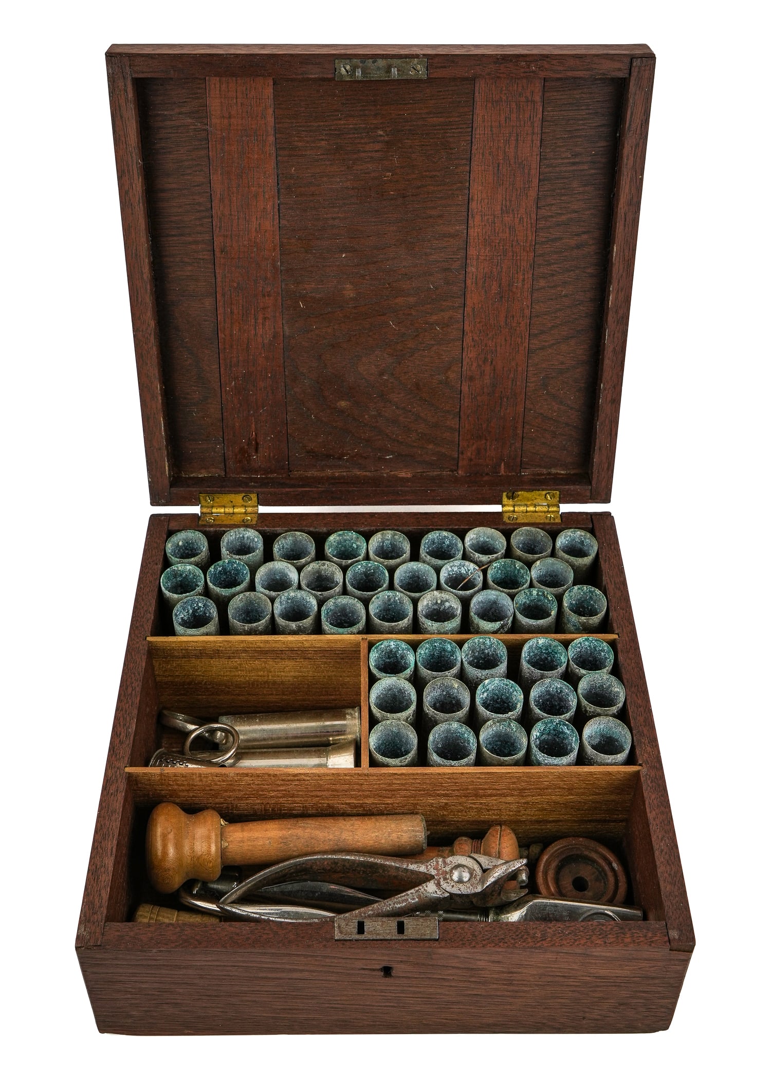 Shotgun W B A 12 Gauge Reloading: Walnut divided box with 42 WBA or Winchester Aluminum 12 gauge shells and reloading tools.