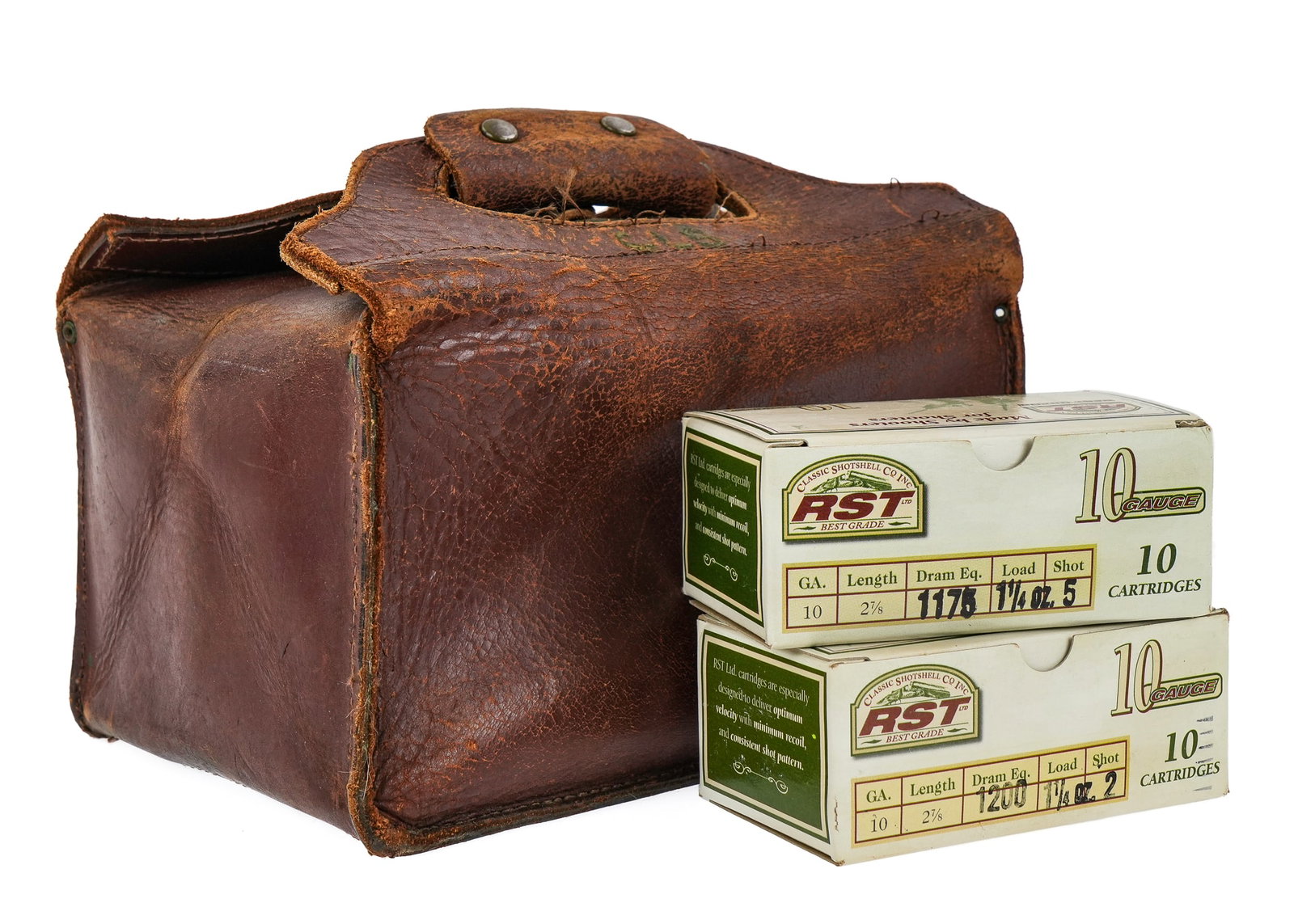 Leather Shotgun Shell Box & 10 GA Shells: Leather shotgun shell carrying case with 6 plus boxes of 10 gauge 2 7/8 length 10 round boxes. Local Pickup Only: This item will not be shipped. By bidding, you acknowledge and agree to these terms an