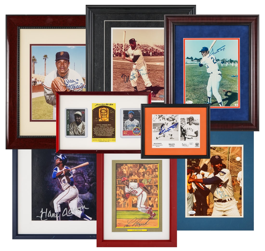 9 African American Baseball Player Autographed Photos: A group of 9 African American baseball player signed photos including Hank Aaron Atlanta Braves, Juan Marichal, Monte Irving, New York Met, Willie Mays, Lou Brock, Cool Papa Bell with cards, and Errie