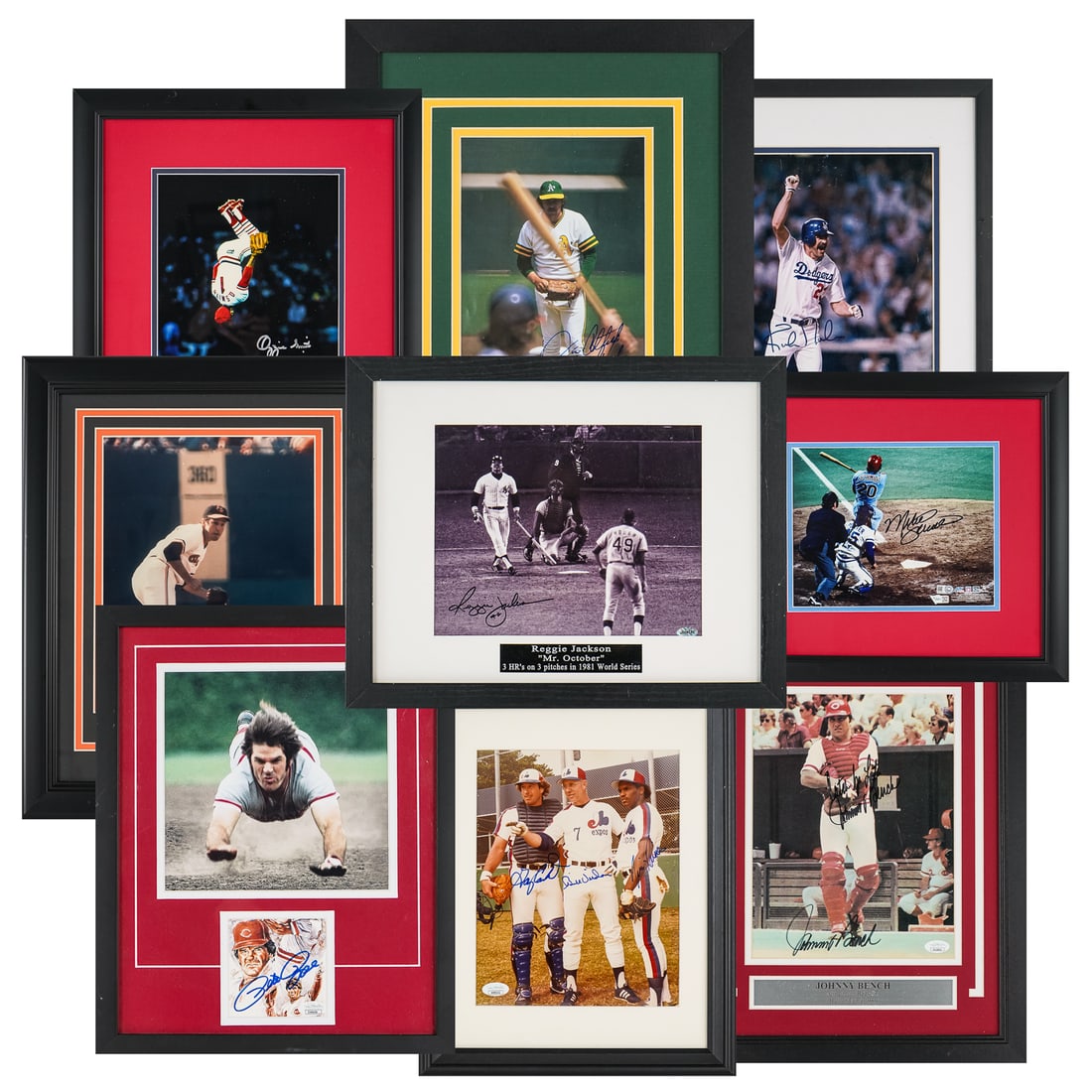 9 1970's and 80's Autographed Baseball Photos: 9 signed baseball photographs from the 1970's and 1980's. Johnny Bench, 3 Expos Gary Carter Tim Raines and coach. Pete Rose, Reggie Jackson, Kirk Gibson, Mike Schmidt, Brooks Robinson, Ozzie Smith, Ji