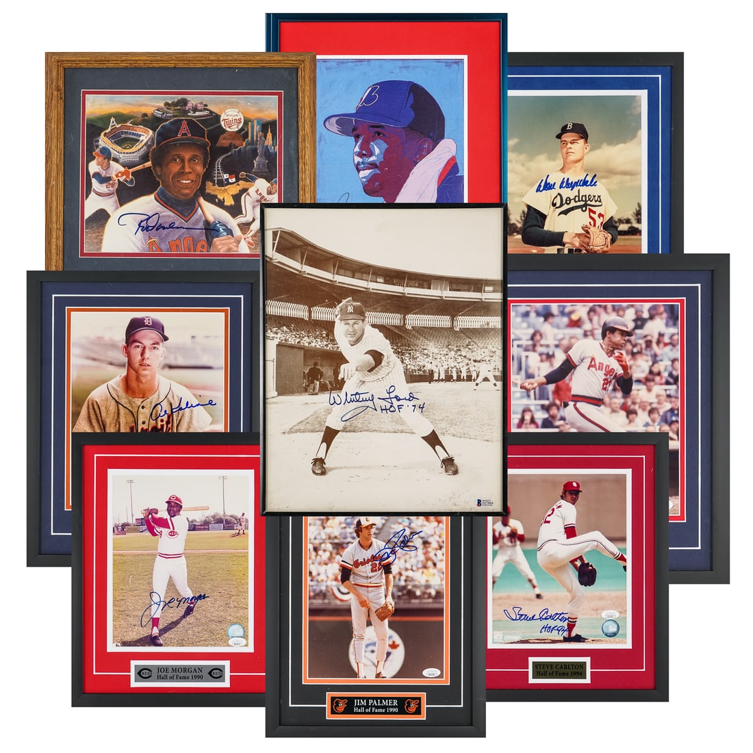 9 H.O.F Baseball Autographed Photos: A group of 9 Baseball Hall of Fame auto graphed photos. 8 x 10 photos all framed. 6 with JSA certificates including Joe Morgan, Rod Carew, Al Kaline, Jim Palmer, Don Drysdale, Steve Carlton, 3 others 