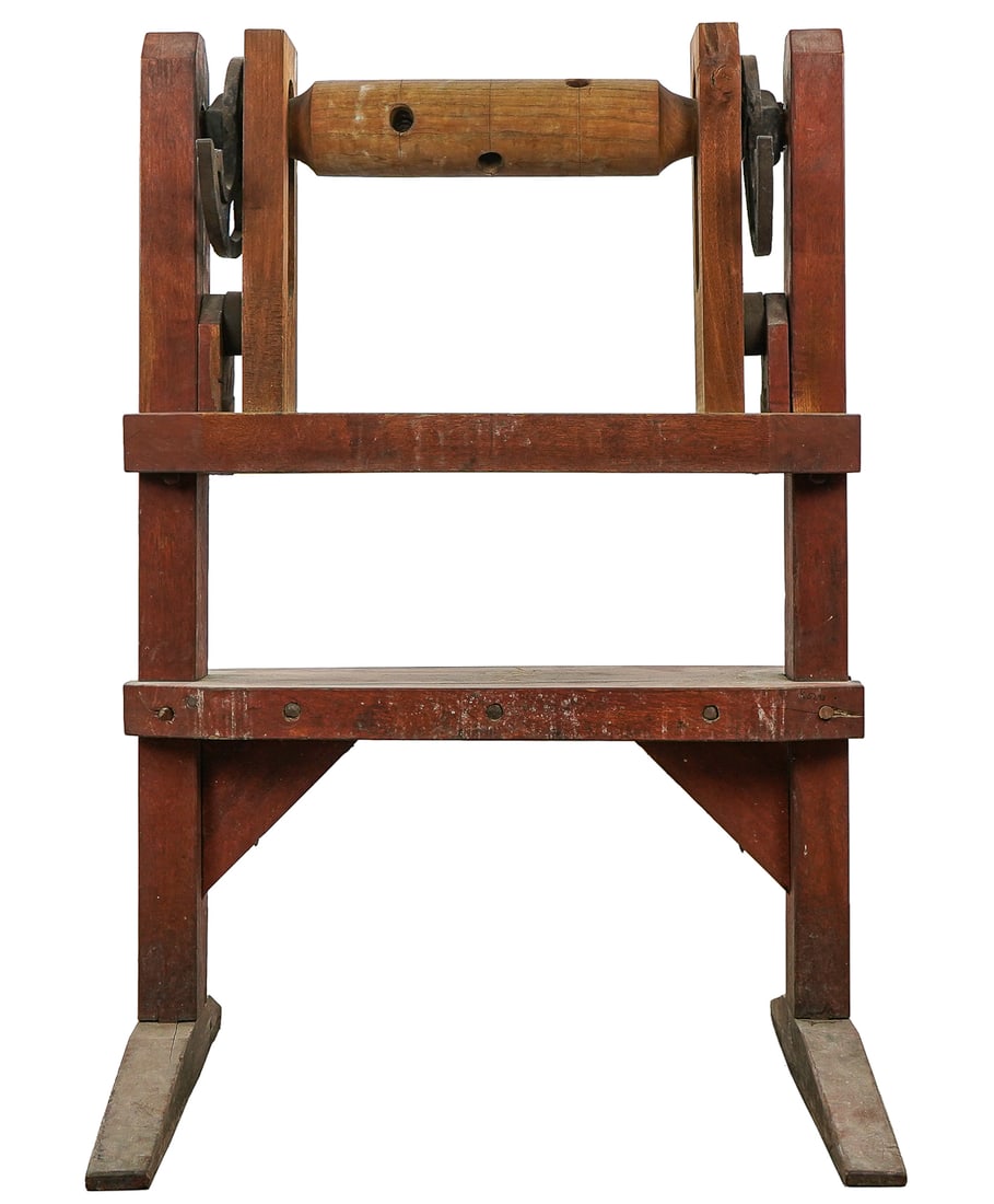 Small 19th c Cheese Press in Red Paint: Small 19th c Cheese Press in Red Paint, stamped "Patent Made by D.H. Dewey, $3.50-$4.00", cast iron parts marked Webb & Co Pat., both posts with top stamped with the letter J in a serrated cartouche,