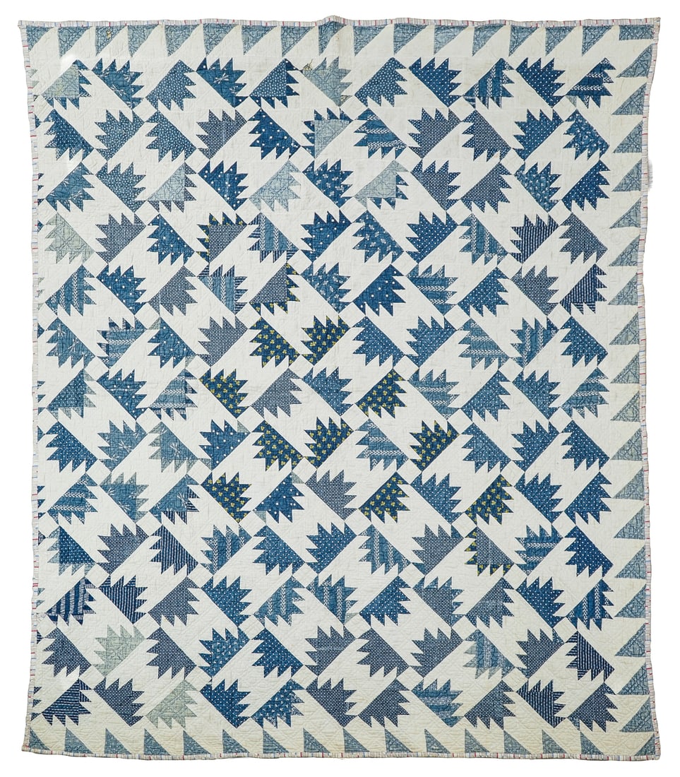 Late 19th c Geometric Pieced Quilt: Late 19th c blue & white geometric pieced quilt, hand stitched, later applied edging with machine stitching, 65" x 75"