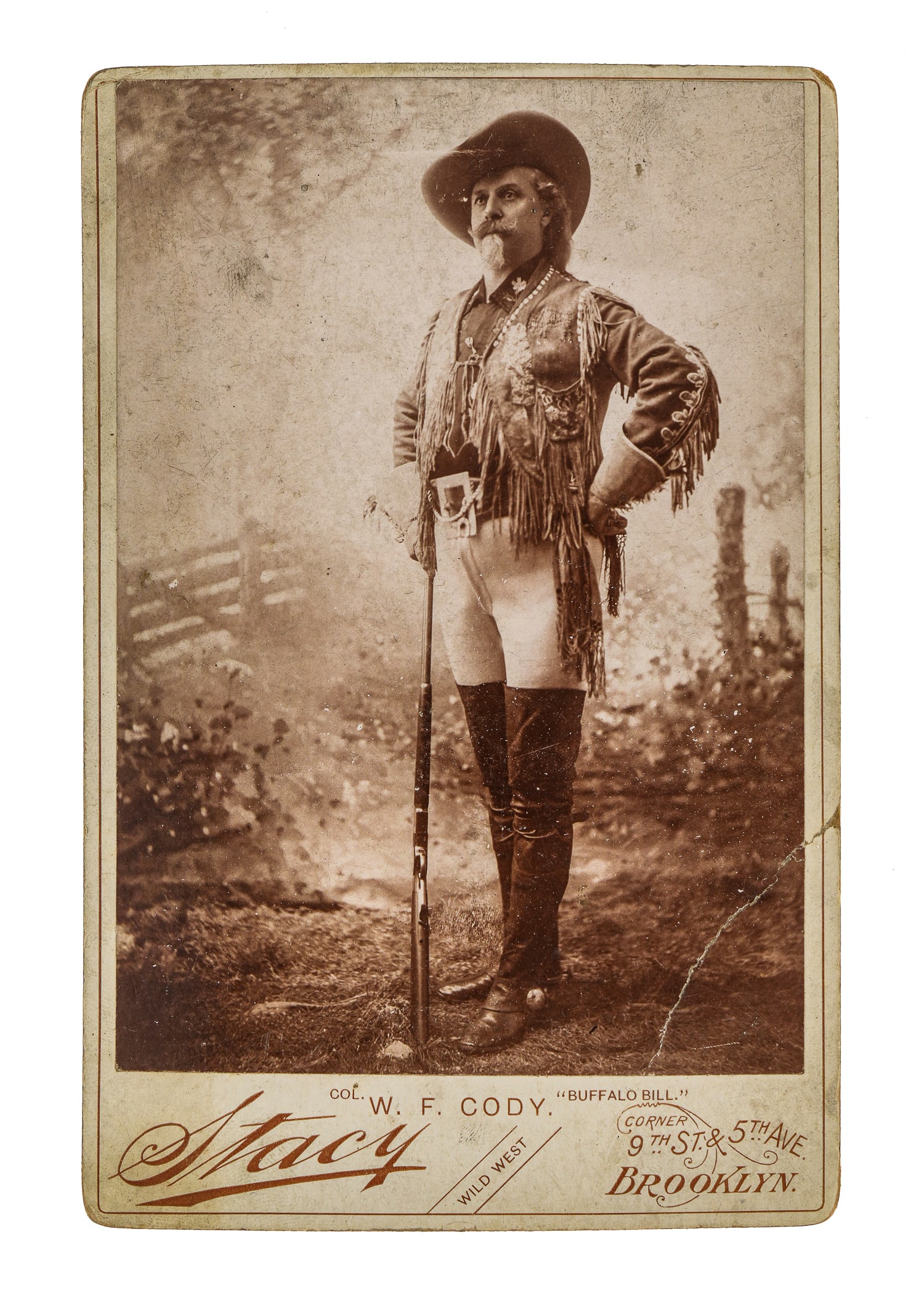 Col Wm F "Buffalo Bill" Cody Cabinet Card Photograph: Col William F "Buffalo Bill" Cody cabinet card photograph, creased in bottom right corner, 6 1/2" x 4 1/4"