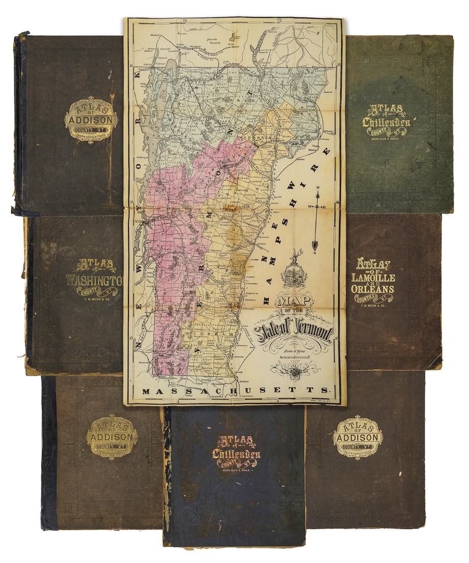 Vermont Maps, Beers Atlases: Vermont maps including hand colored (16 pcs), most about 12" x 15" to 18" x 24", sold with eight Beers Atlases of Vermont counties (not collated for completeness, one obvious partial), each 16" x 13 1