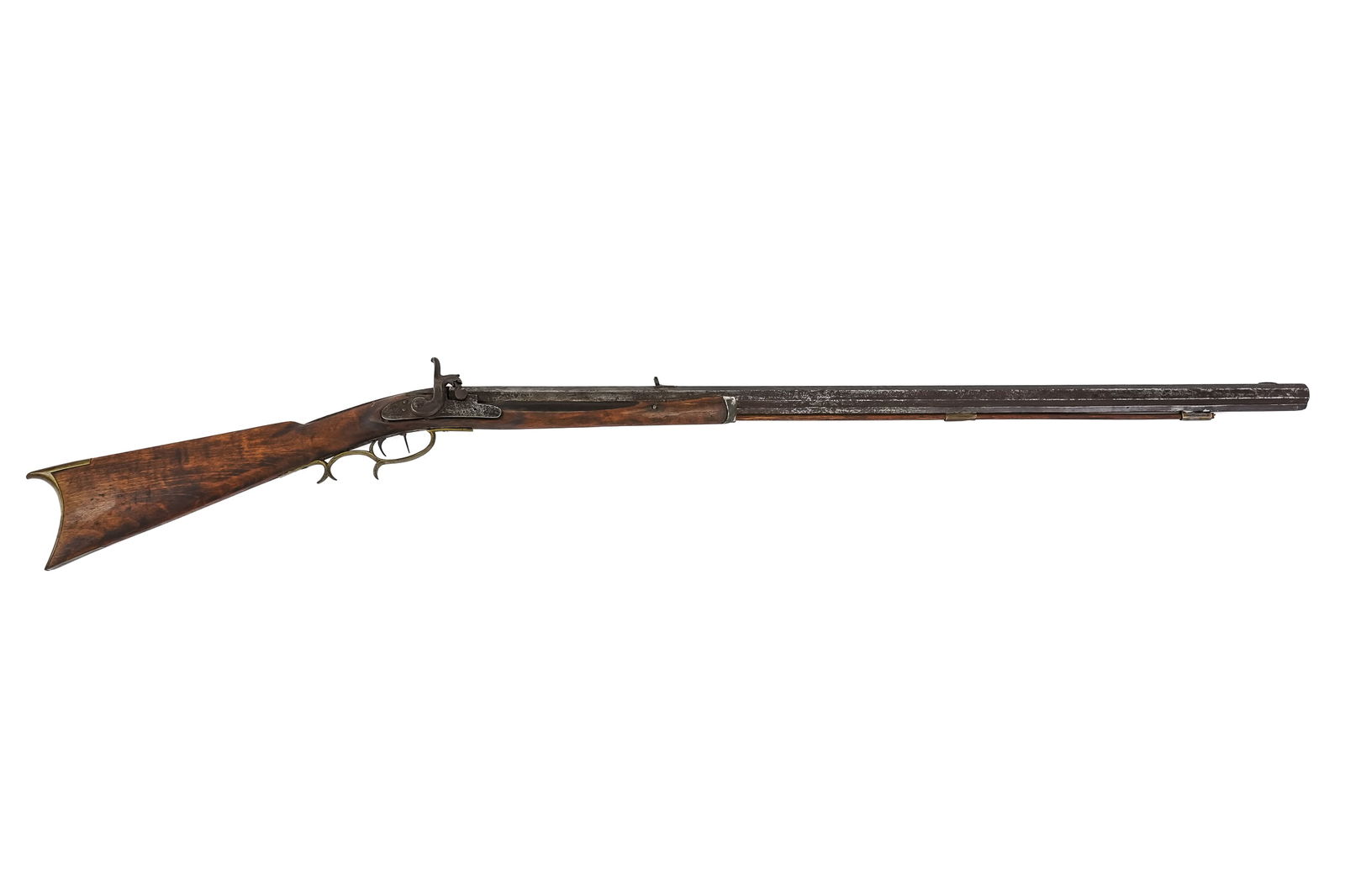 Early 19th c Half Stock Rifle with Dayton Lock in .36 Cal: Early 19th c Half Stock "Hawken" type rifle with Dayton lock, Percussion converted from flintlock , with double set trigger .36 Cal 36.5" barrel 53" overall Cracks losses as found.