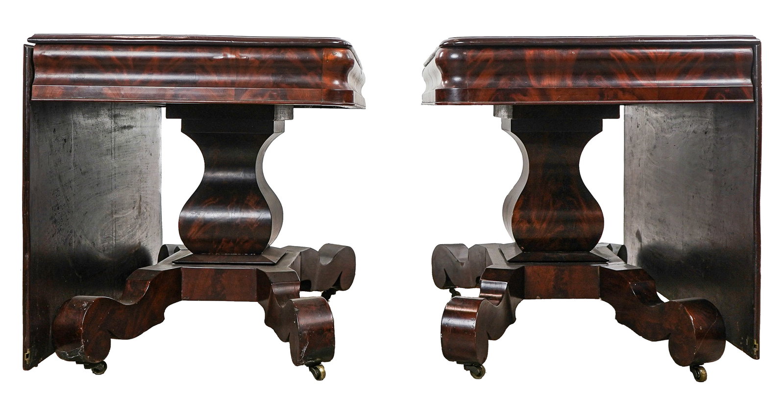 19th c Empire Mahogany two part banquet table: 19th c Empire Mahogany two part banquet table with ogee skirt flame mahogany each side- 28 x 46 x 26" with folding 26" leaf for extended size of approx 104 x 46"