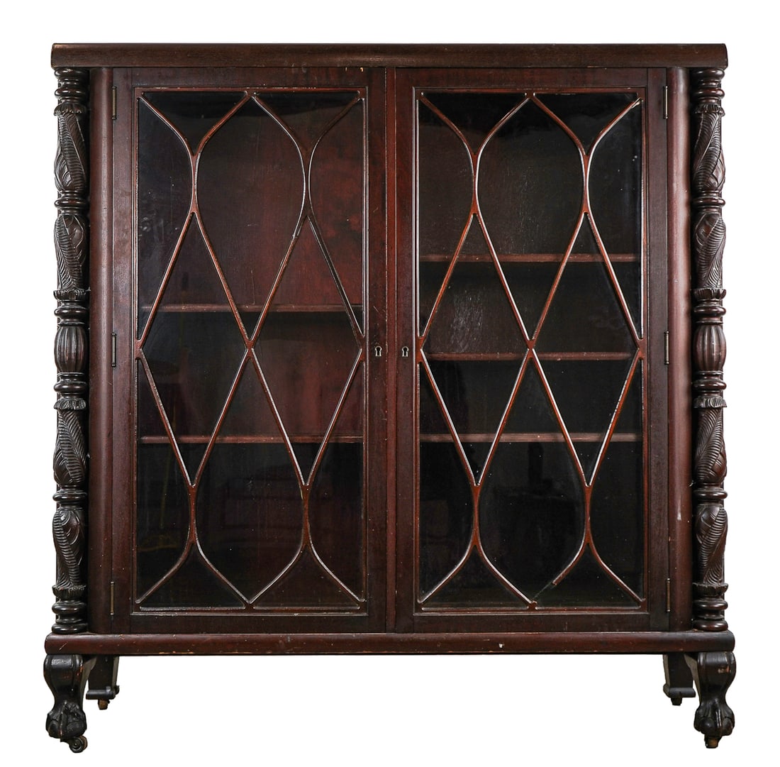 circa 1915 Classical Revival Bookcase: Circa 1915 Classical revival mahogany bookcase with ball and claw feet acanthus columns glazed doors 55 x 54 x 14"