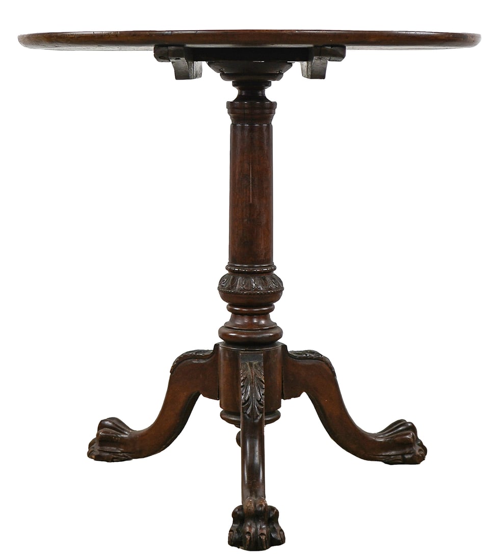 19th c Mahogany Tilt Top Tea Table: 19th c mahogany tilt top tea table- overall good condition, hairy paw feet, acanthus ring on column and acanthus carving at knees. 29 x 29"diameter 45" tall folded
