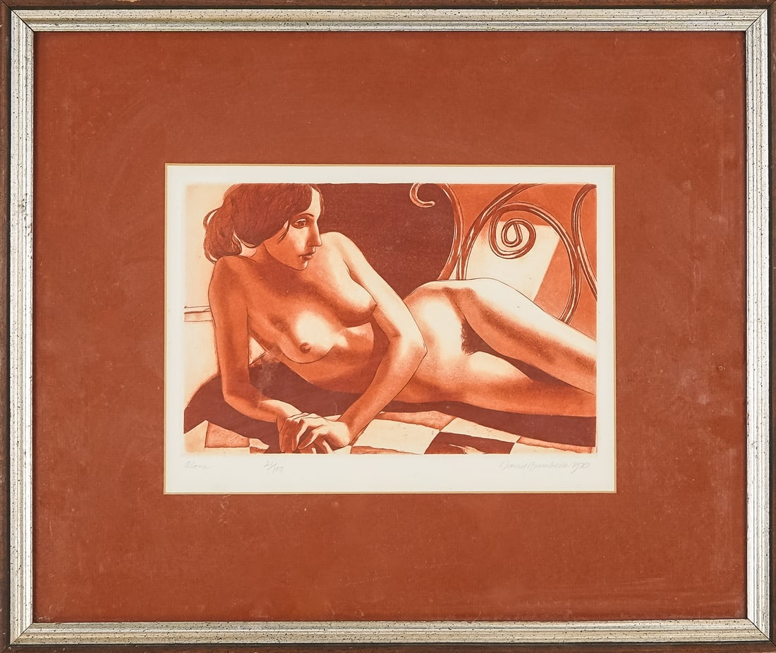 David Bumbeck (VT 1940-) Alone: David Bumbeck (Vermont 1940-) Alone aquatint on paper signed editioned 21/100 and identified lower margin- plate 6 x 9" 14 x 17" as framed.