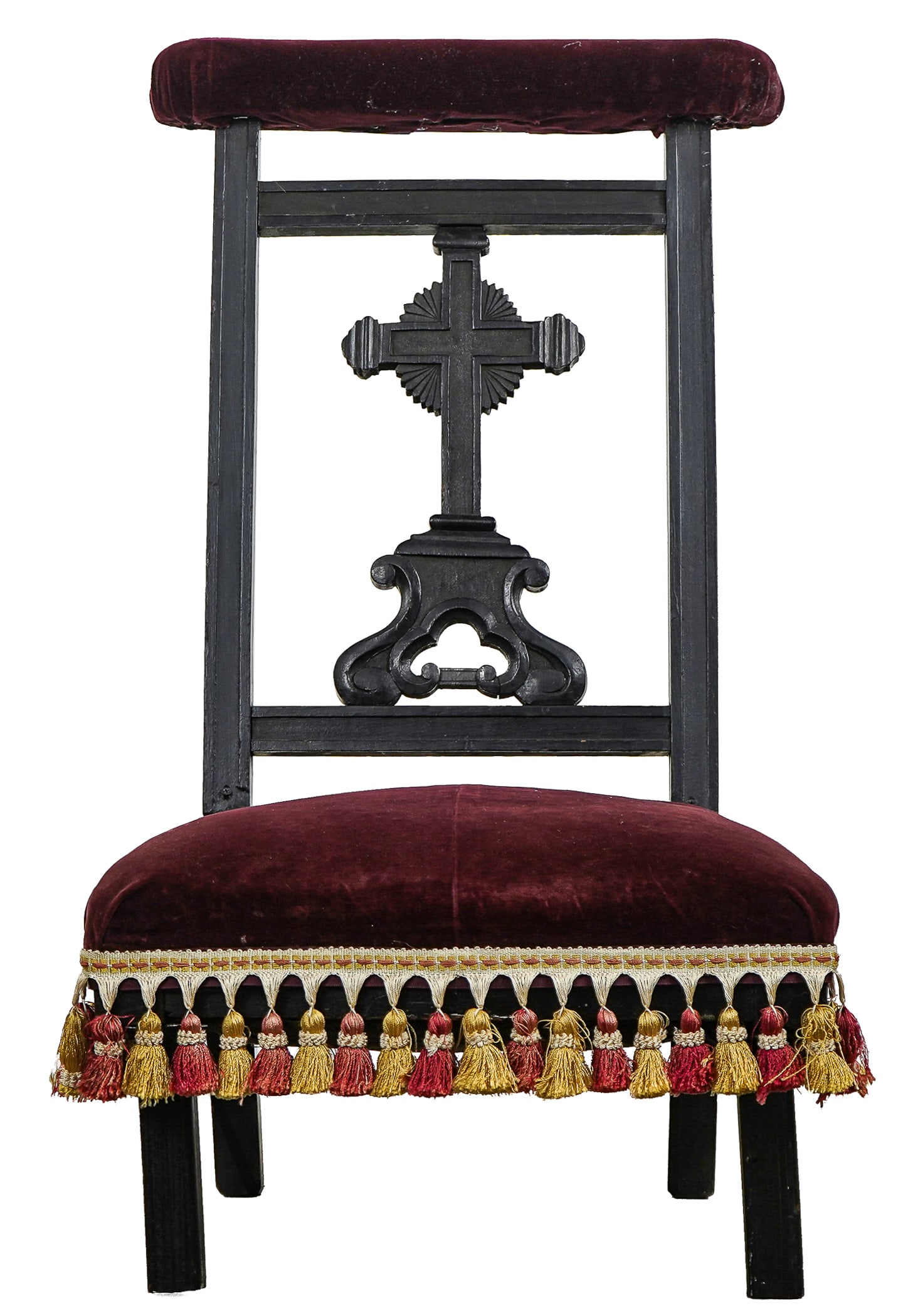 19th c Quebec Ecclesiastical kneeler: 19th c Ebonized Quebec kneeler in later upholstery with significant repairs - 18 x 23 x 33"