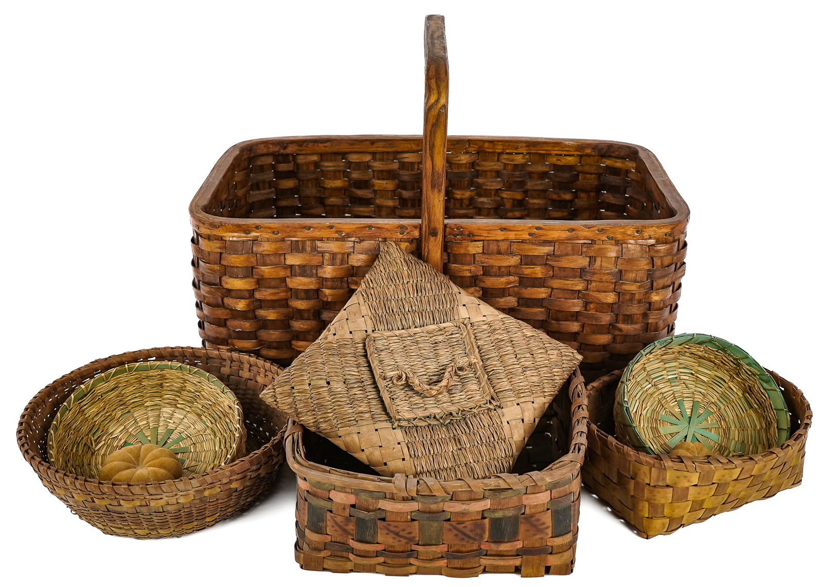 Native American, Paint Decorated Splint Baskets: Group of antique baskets including 3 paint decorated Native American baskets, two having potato stamp embellishments, sweet grass lidded sewing basket with two pin cushions, square sweet grass lidded