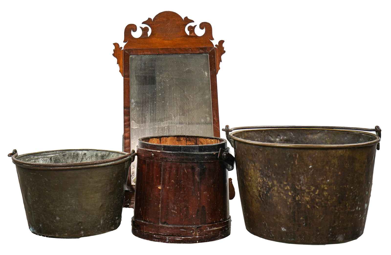2 Brass Kettles, Chippendale Mirror, Firkin: Lot of country accessories including Chippendale mahogany wavy finial mirror, 2 spun brass kettles, and a swing handled firkin ht. 10"-32"