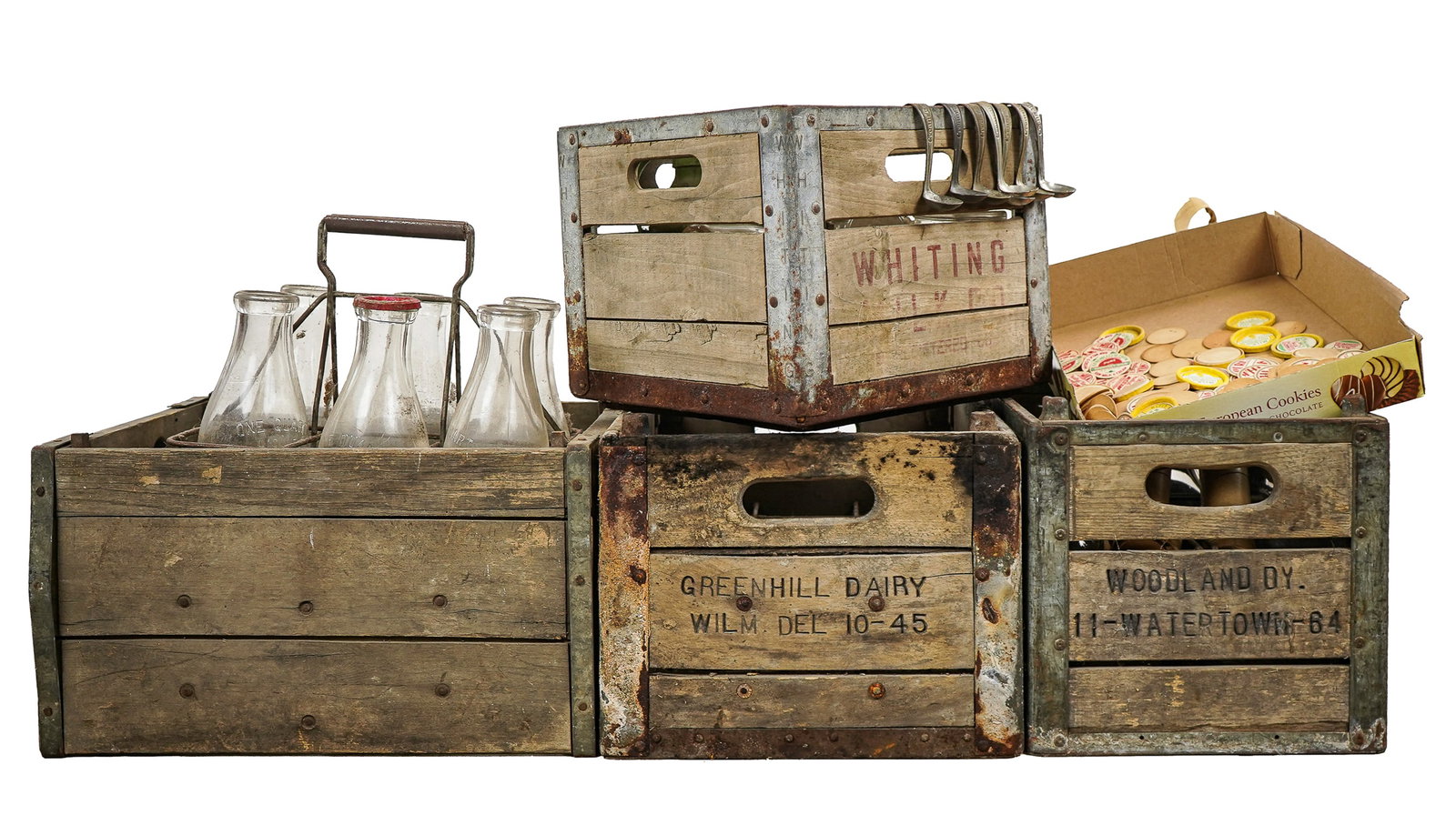 Large Lot of VT Milk Bottles, Crates, Pogs: Large lot of Vermont and assorted New England milk bottles and related dairy items including Marvin and Cooley Montpelier, VT slug plate, Cream Top Dairy St. Johnsbury, VT, Maple Shade Farm Whitinsvil